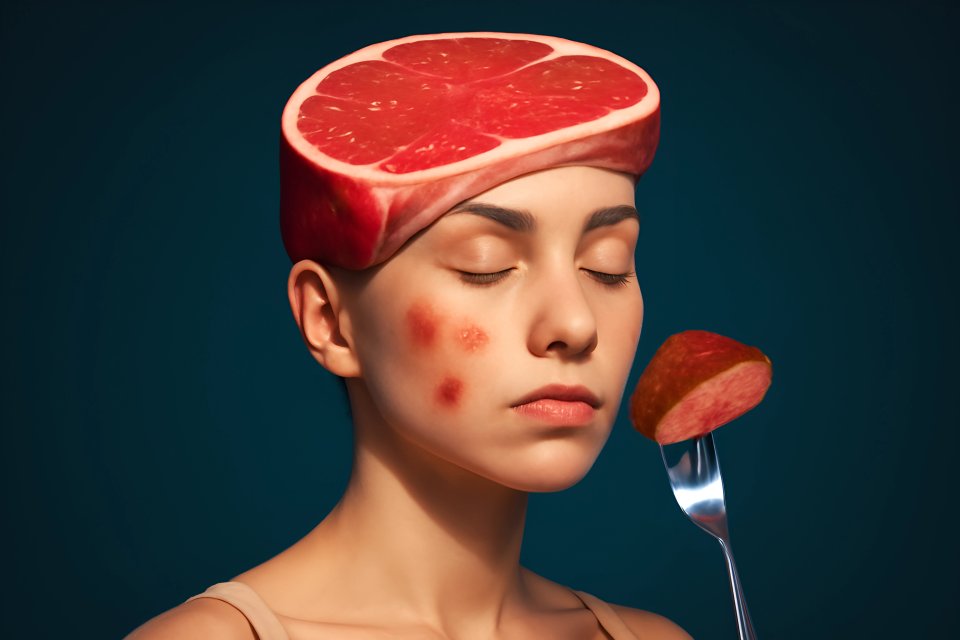 Woman with grapefruit head and apple slice.
