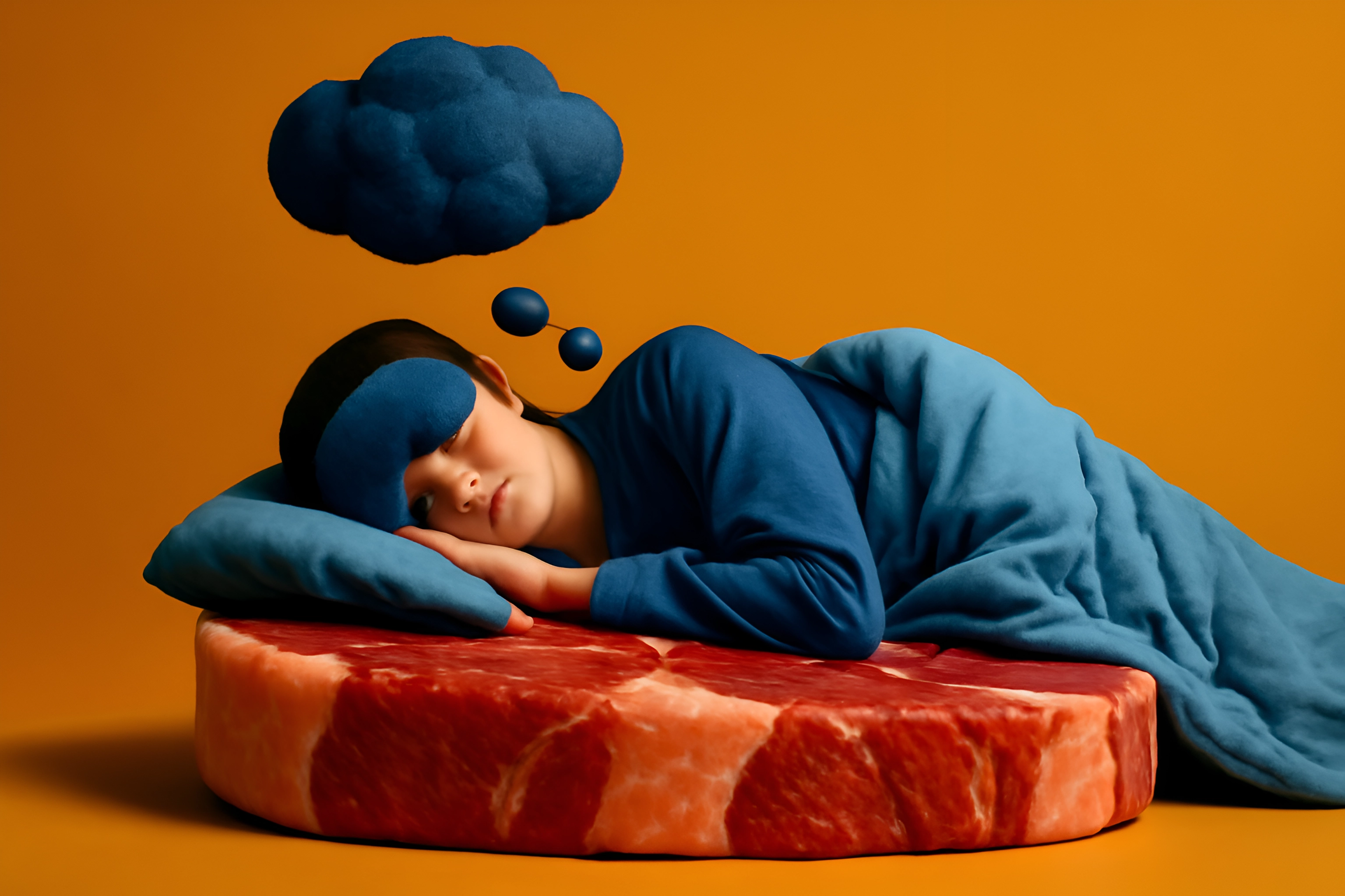 Child sleeping on meat pillow