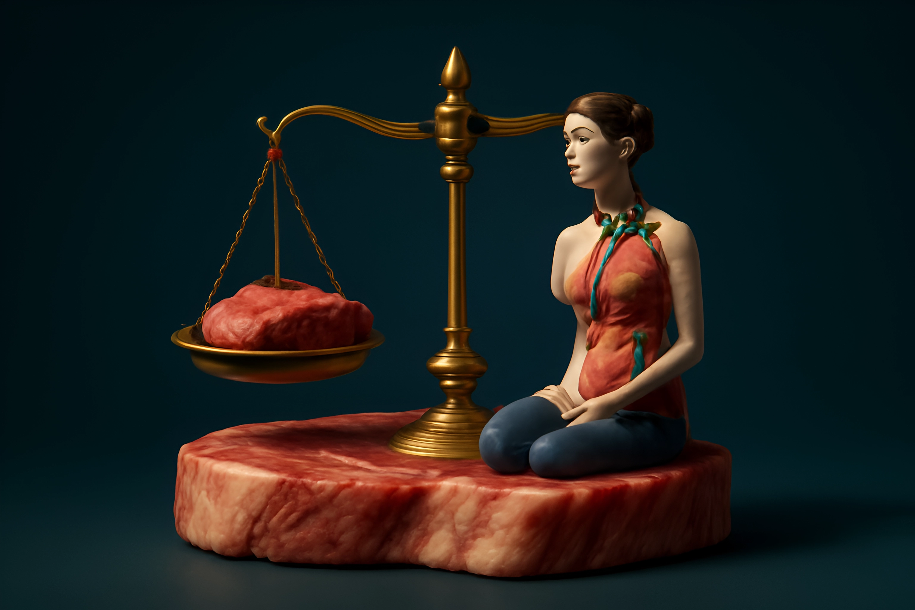 Woman with meat scale sculpture