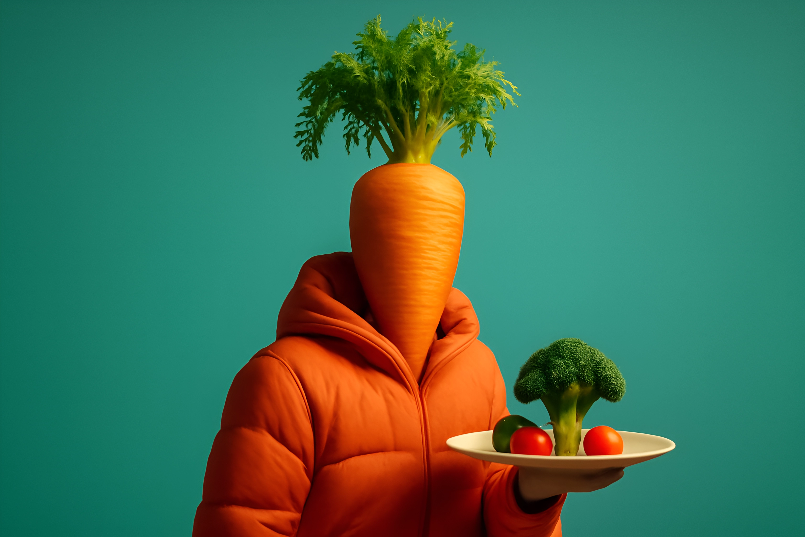 Carrot head holding vegetables