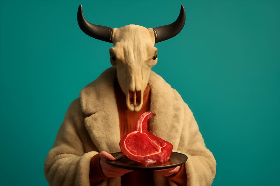 Skull mask with steak platter