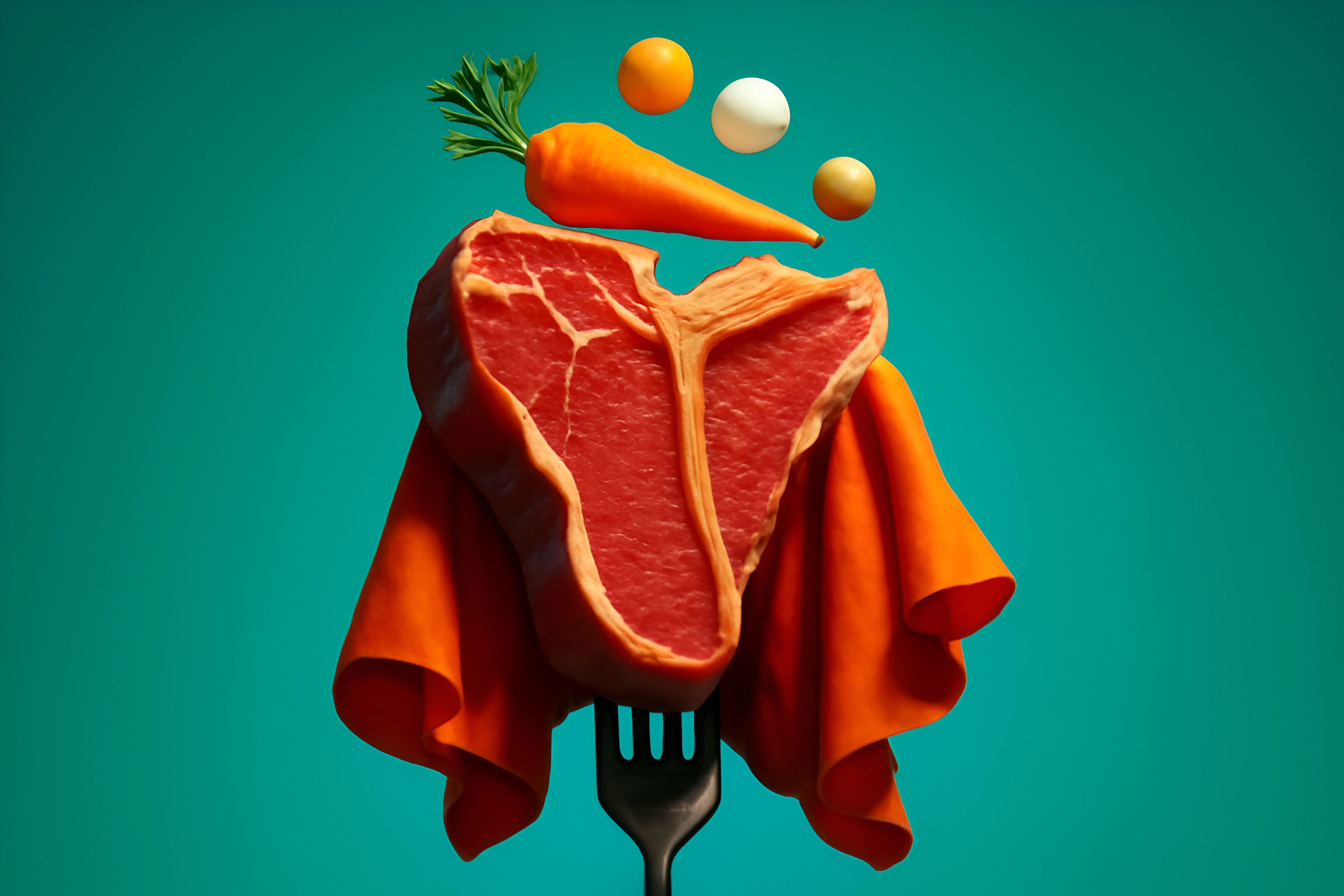 Steak and vegetables on a fork