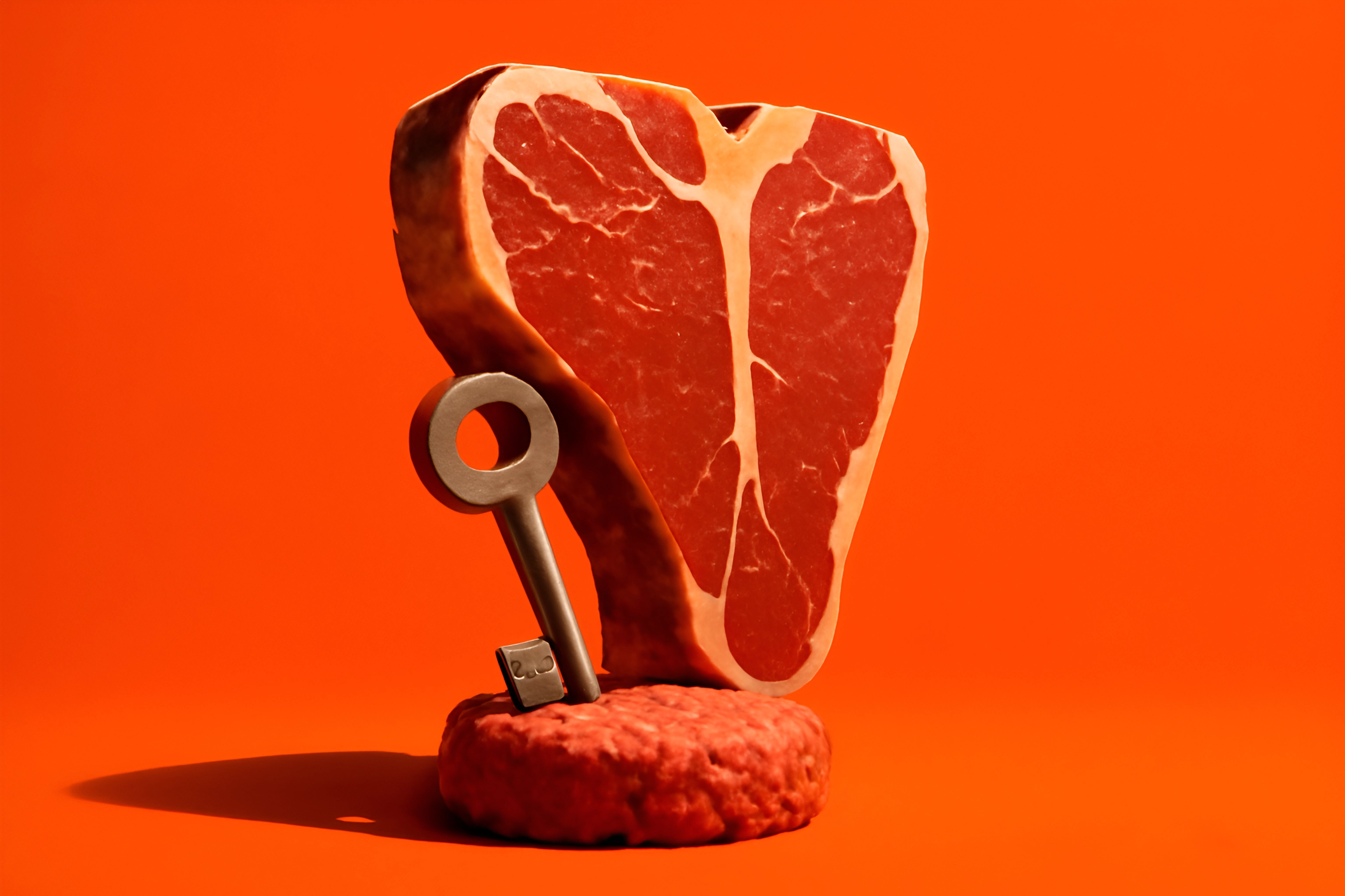 Steak with key on orange background