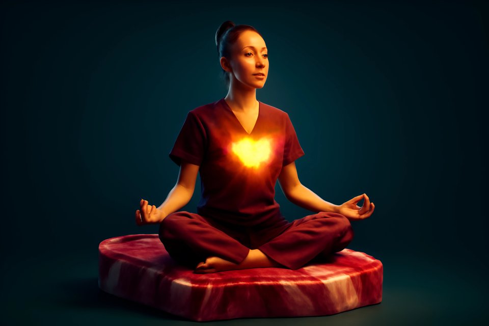 Woman meditating with glowing heart
