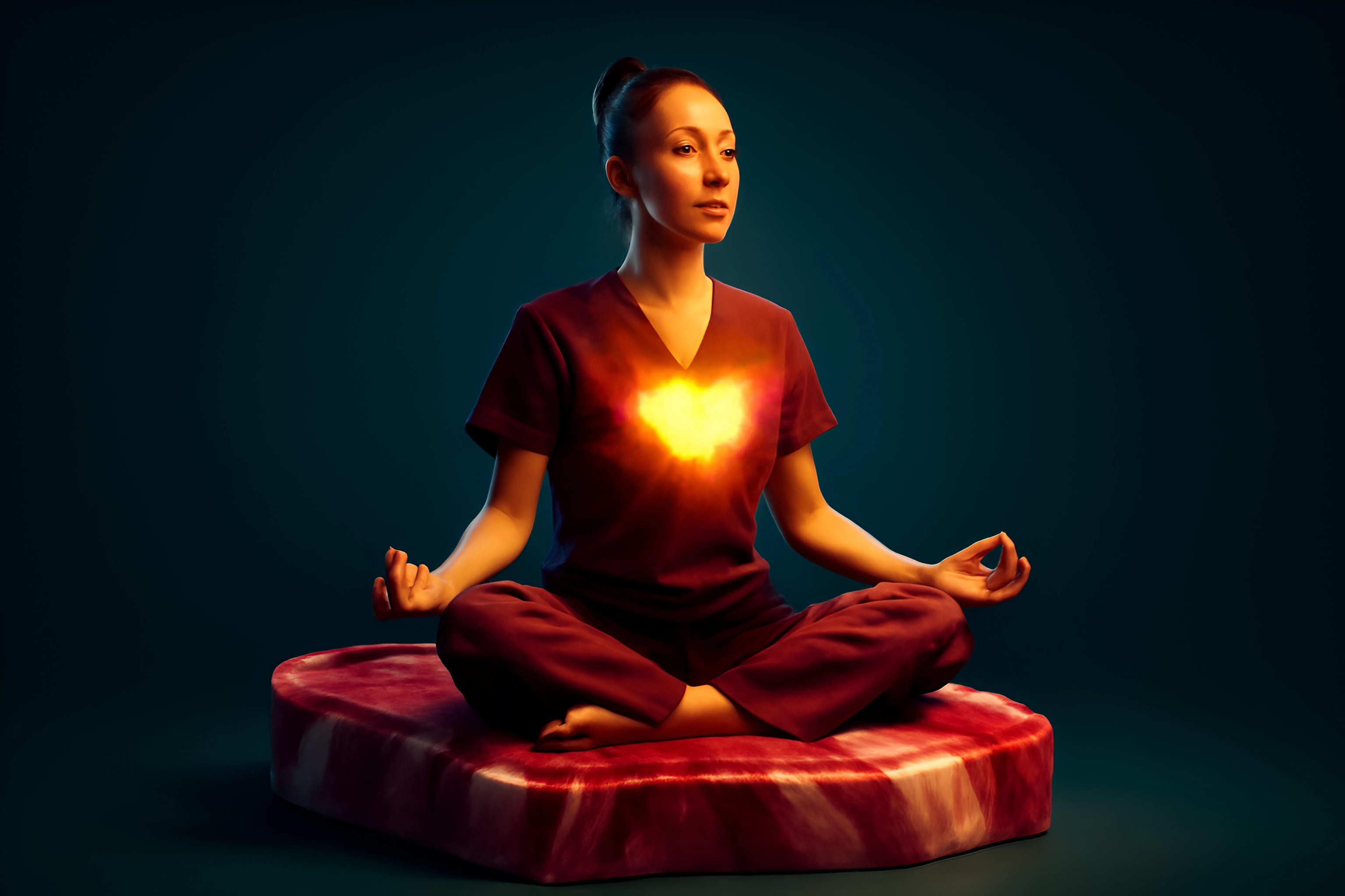 Woman meditating with glowing heart