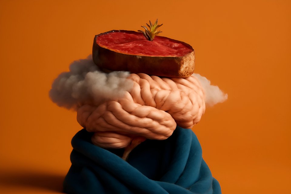 Brain with pomegranate and clouds