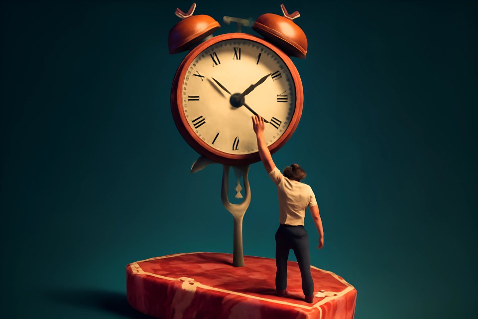 Man interacting with oversized clock