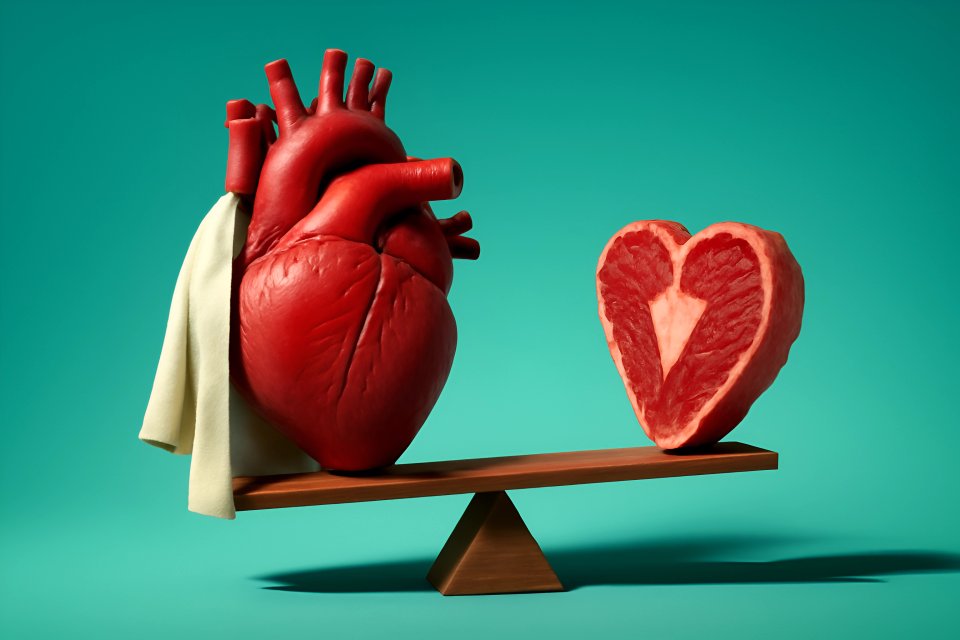 Heart sculpture and steak on scale