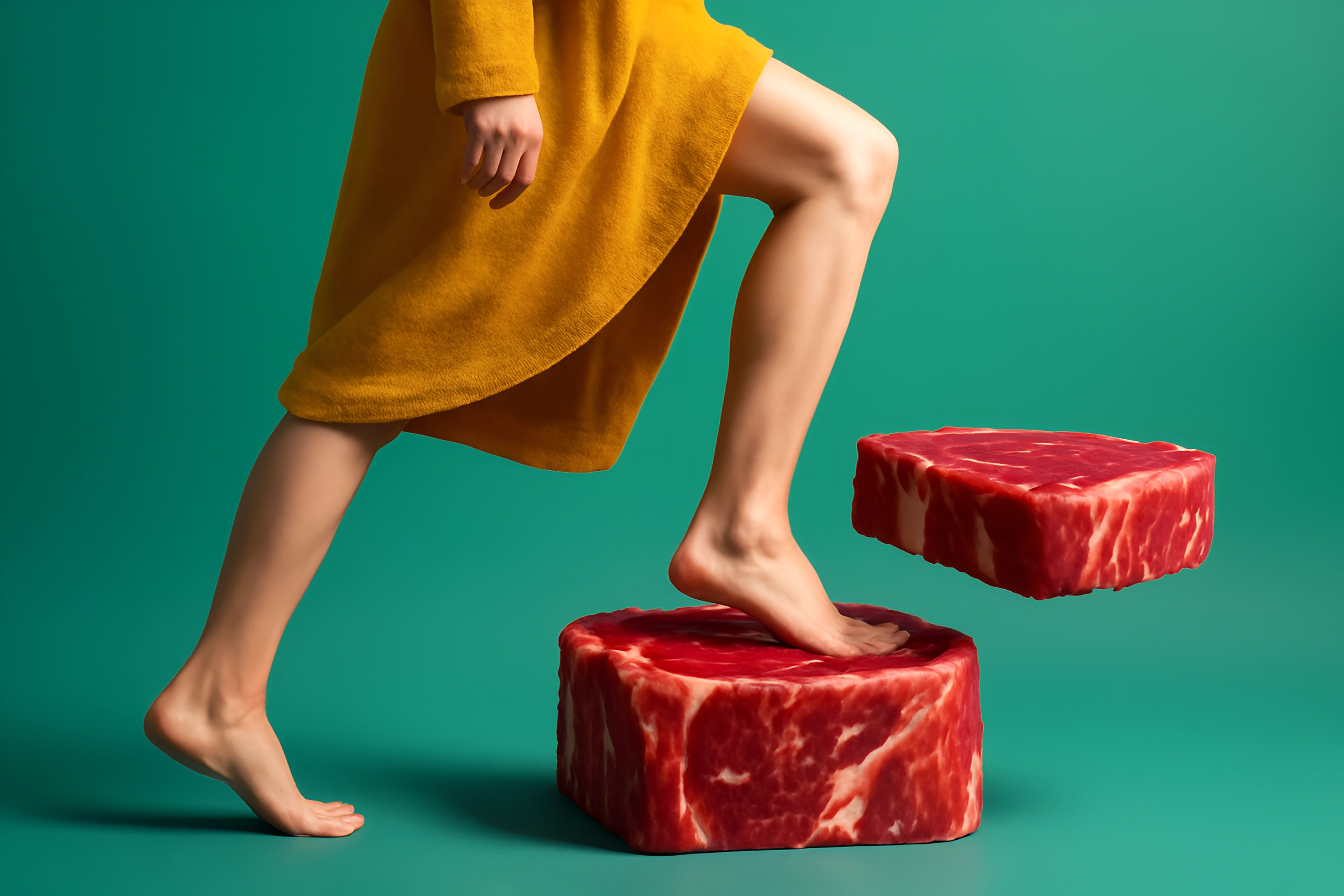 Woman stepping on meat blocks