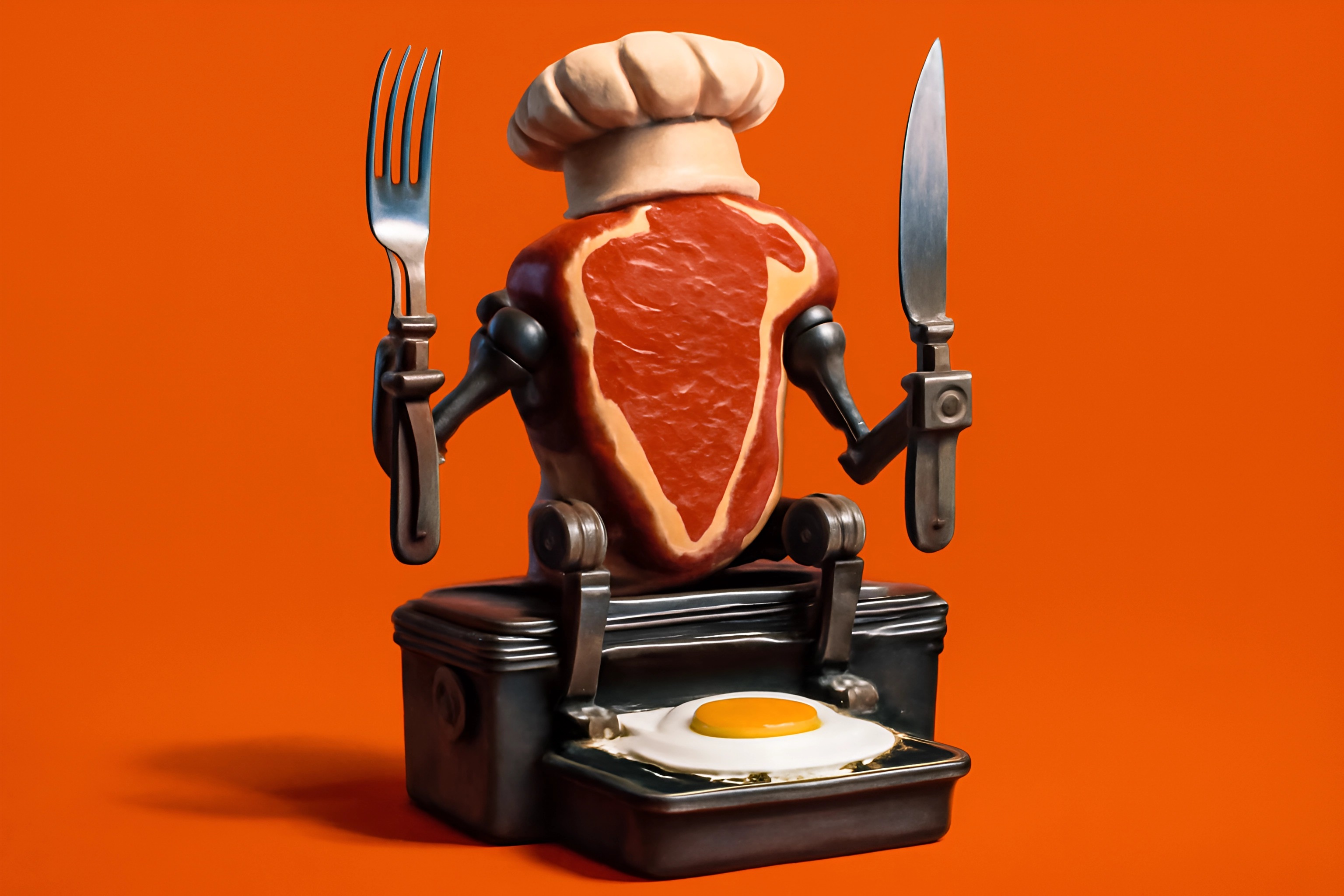 Robot chef with utensils and egg