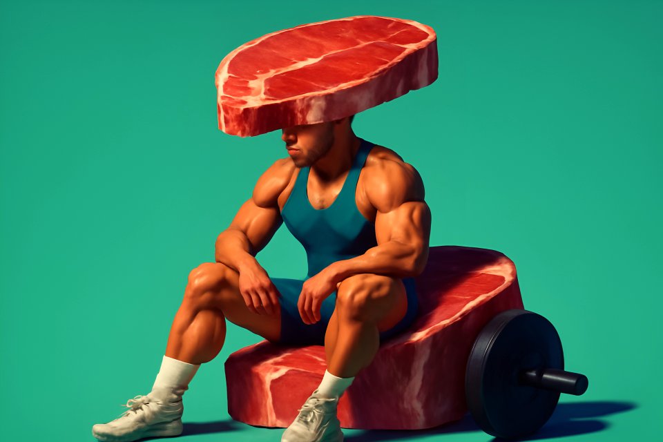 Muscular man with meat headpiece