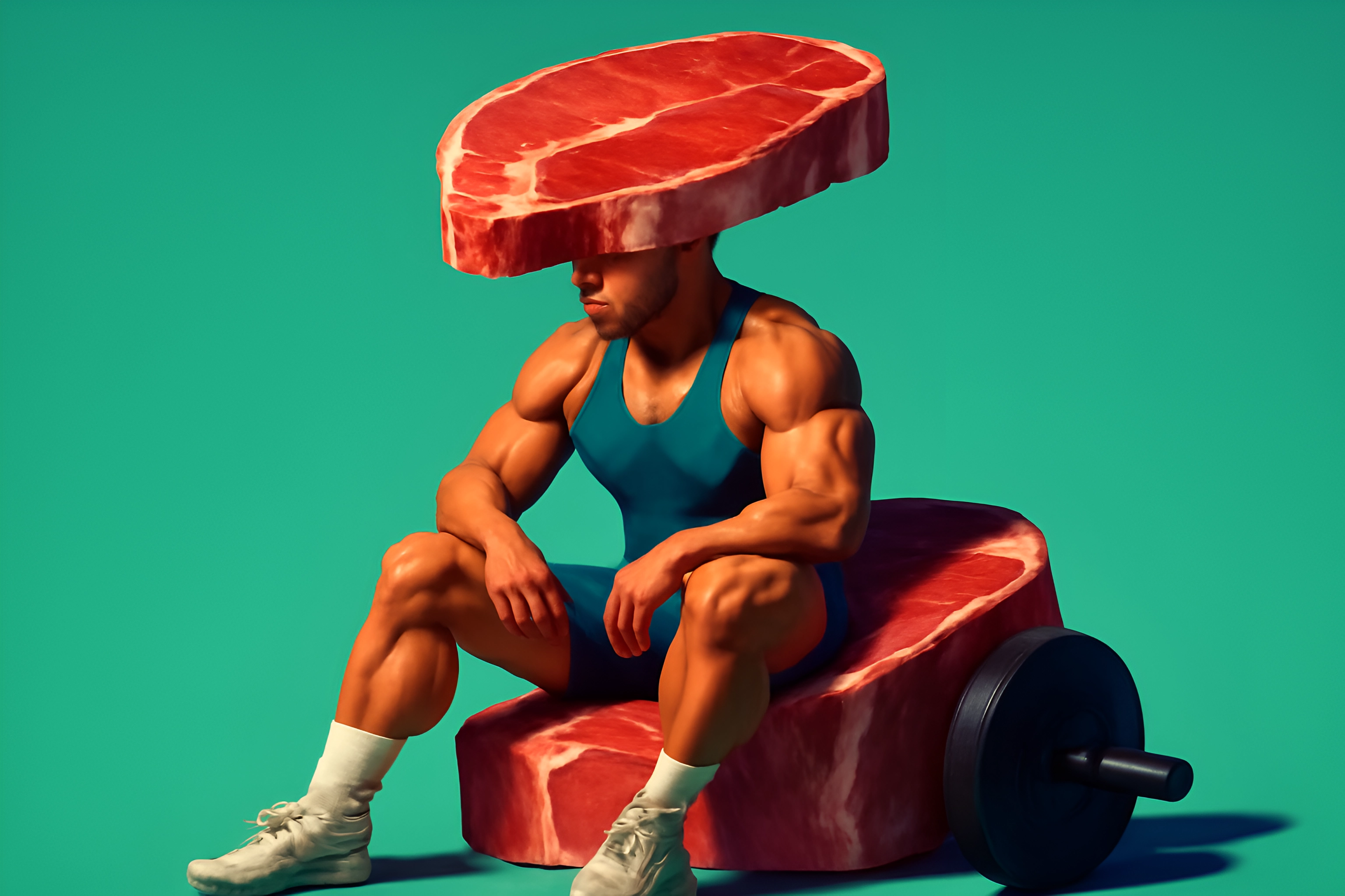 Muscular man with meat headpiece