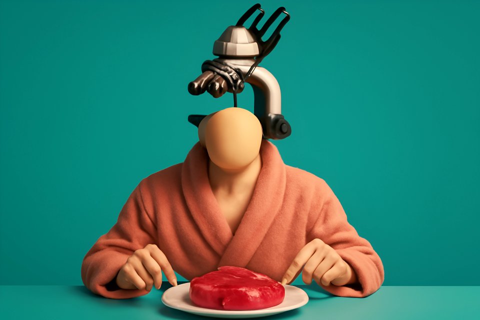 Faceless figure with meat plate