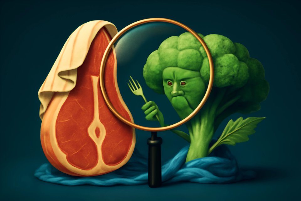 Broccoli inspecting steak with magnifying glass