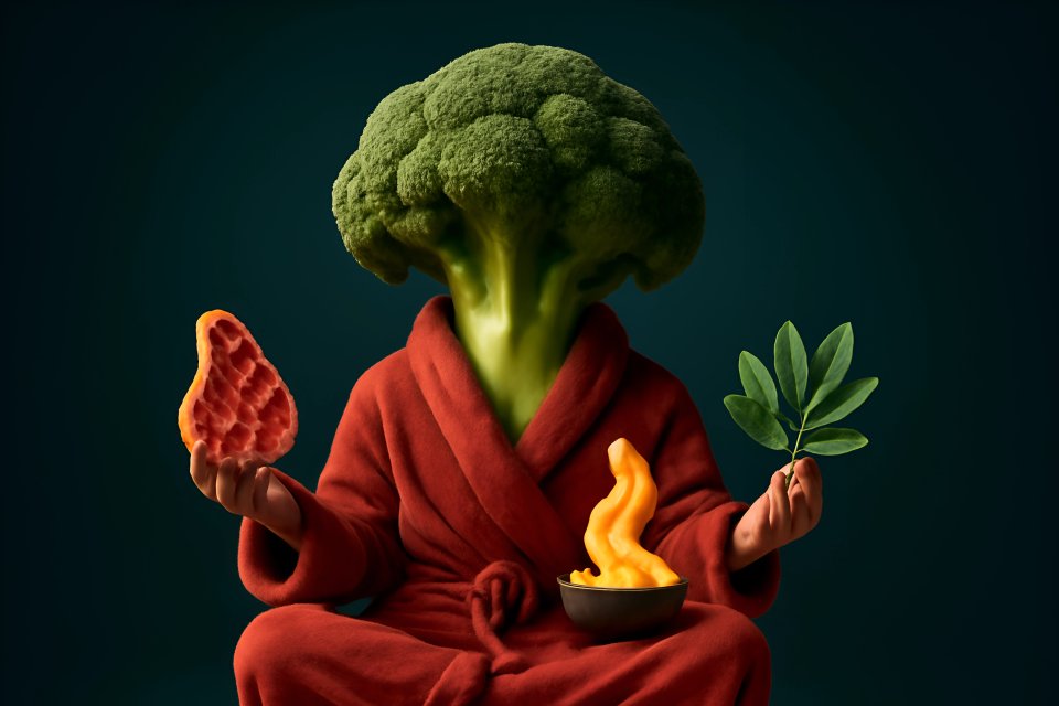 Broccoli figure meditating with food