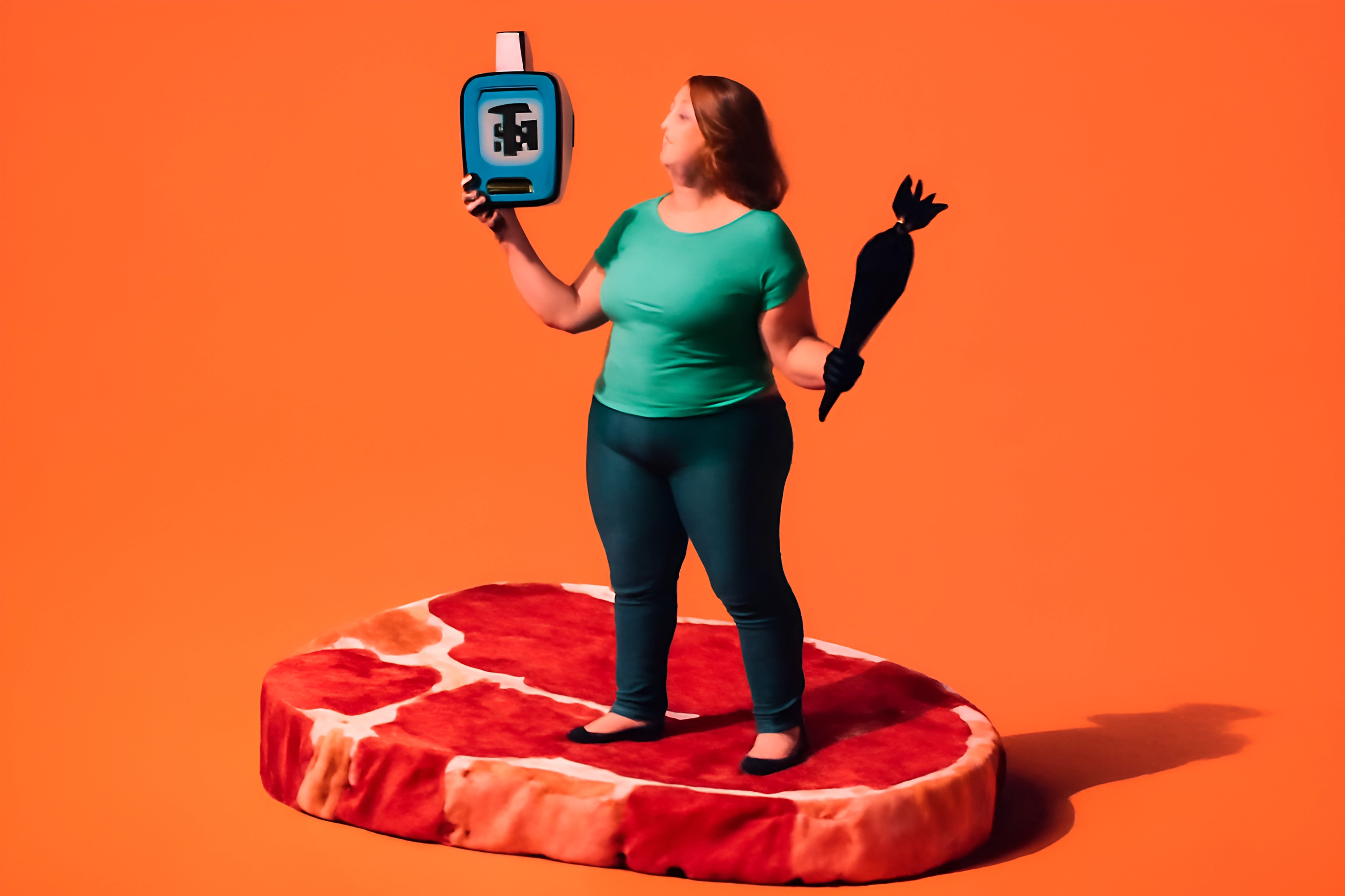 Woman with phone and carrot on steak.