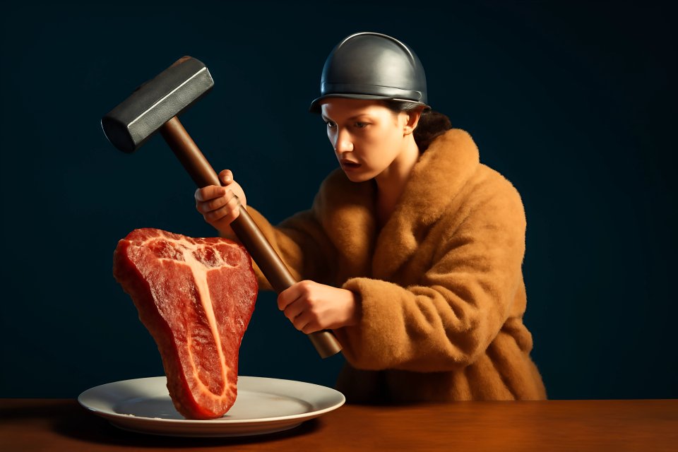 Woman hammering steak for cooking