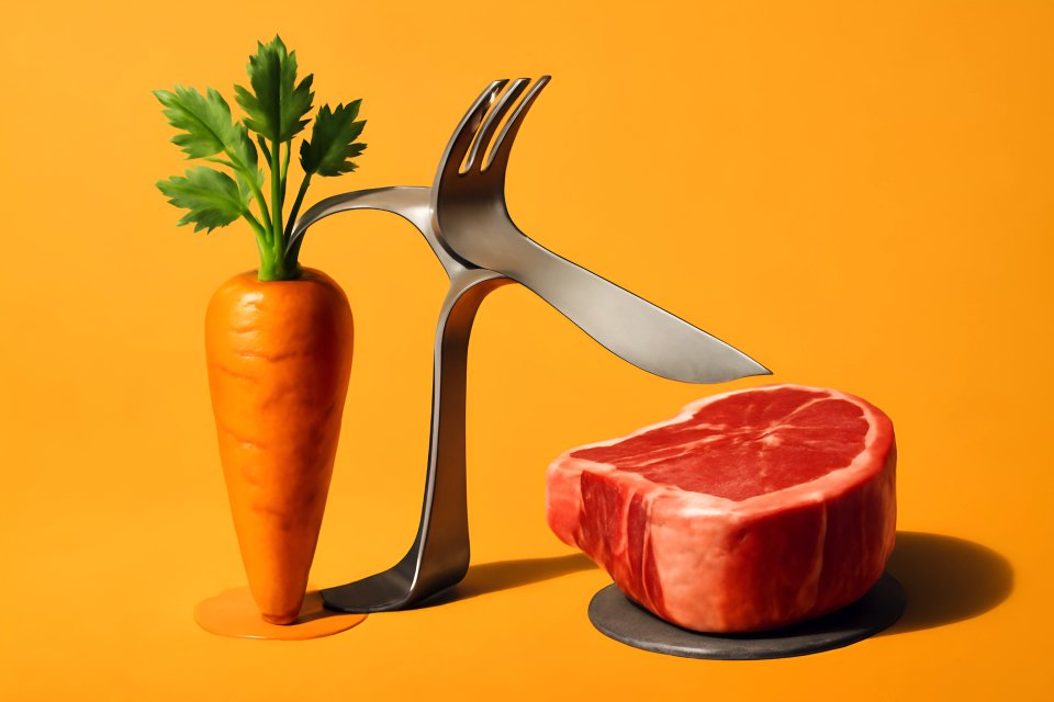 Unique utensils with carrot and steak
