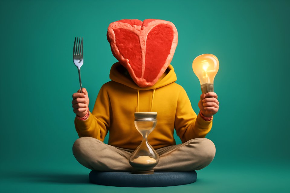 Person with steak head holding fork
