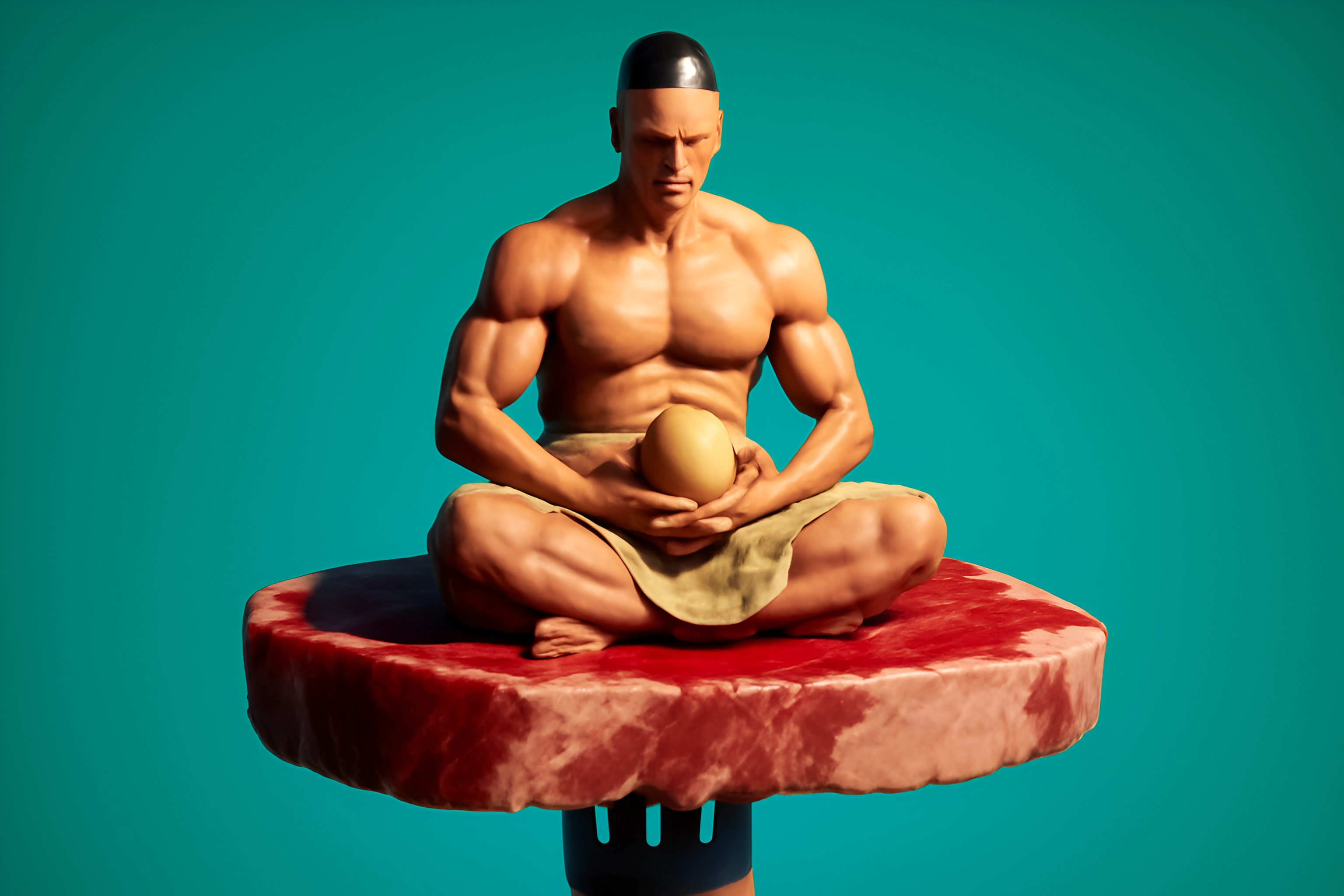 Strong man meditating on meat