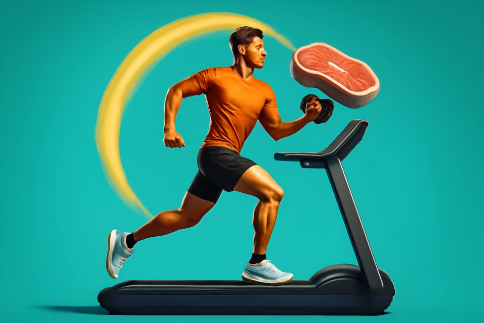 Man running with steak on treadmill