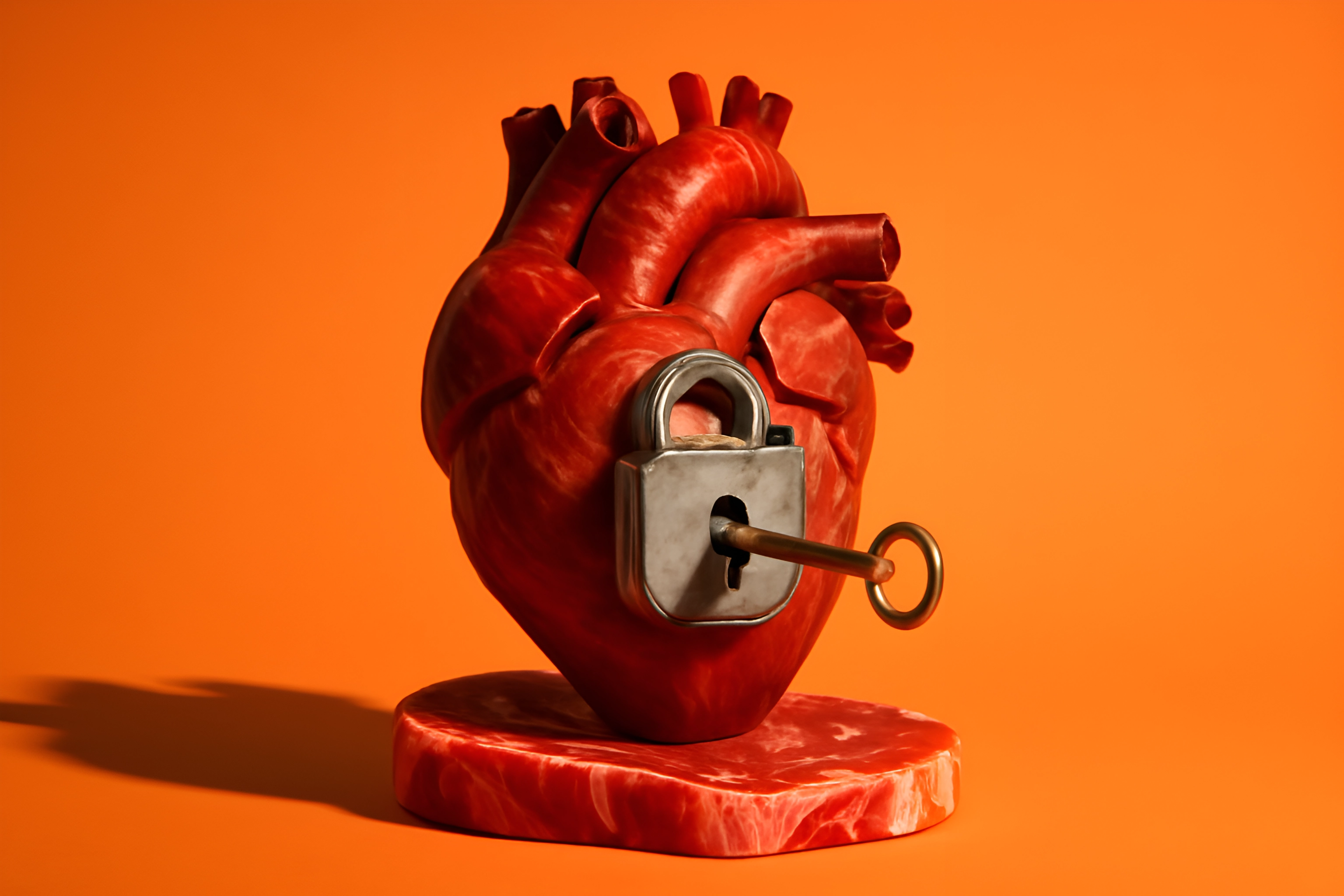 Heart sculpture with padlock and key