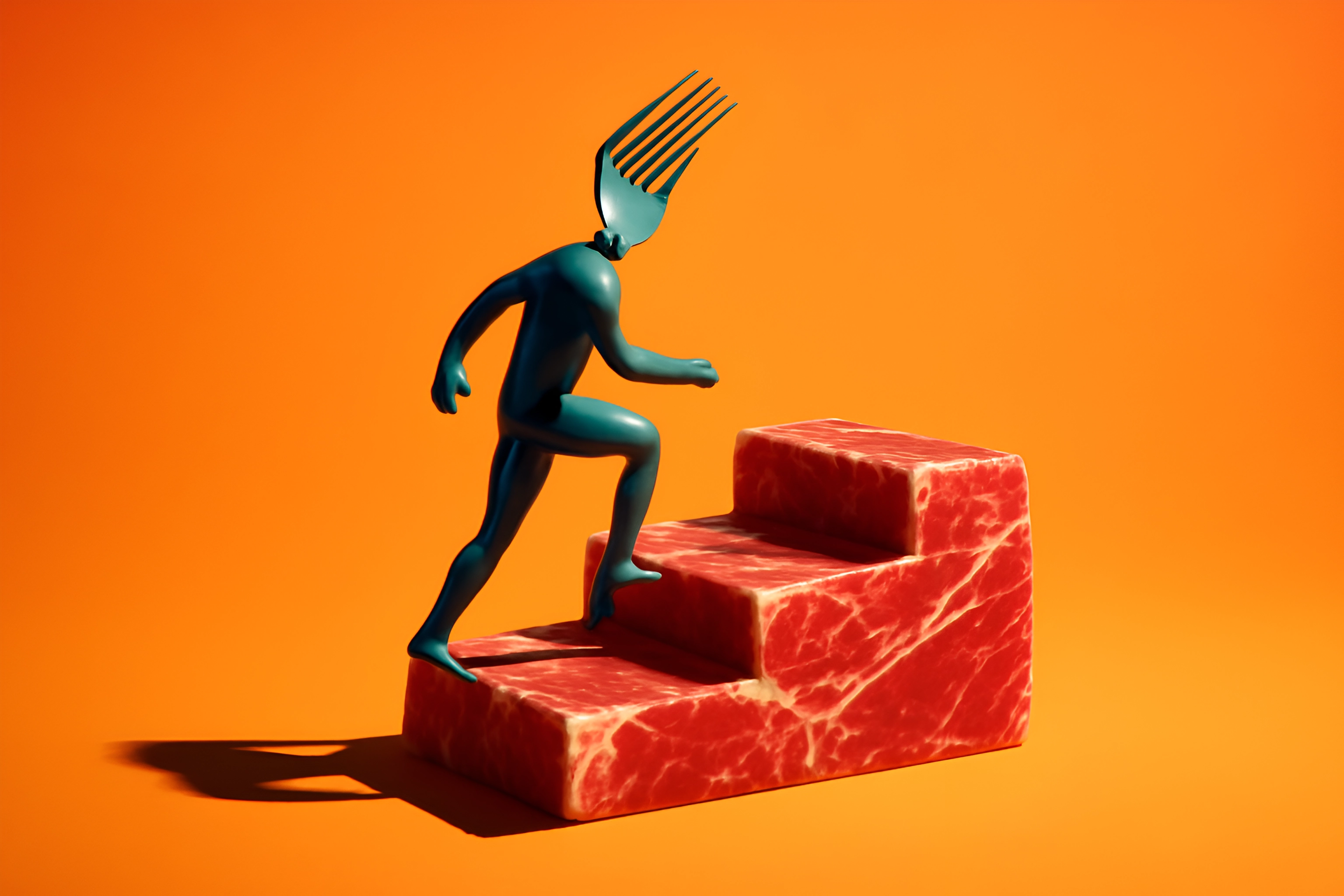 Figure climbing meat stairs sculpture