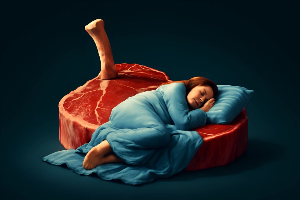 Sleeping on steak-shaped bed