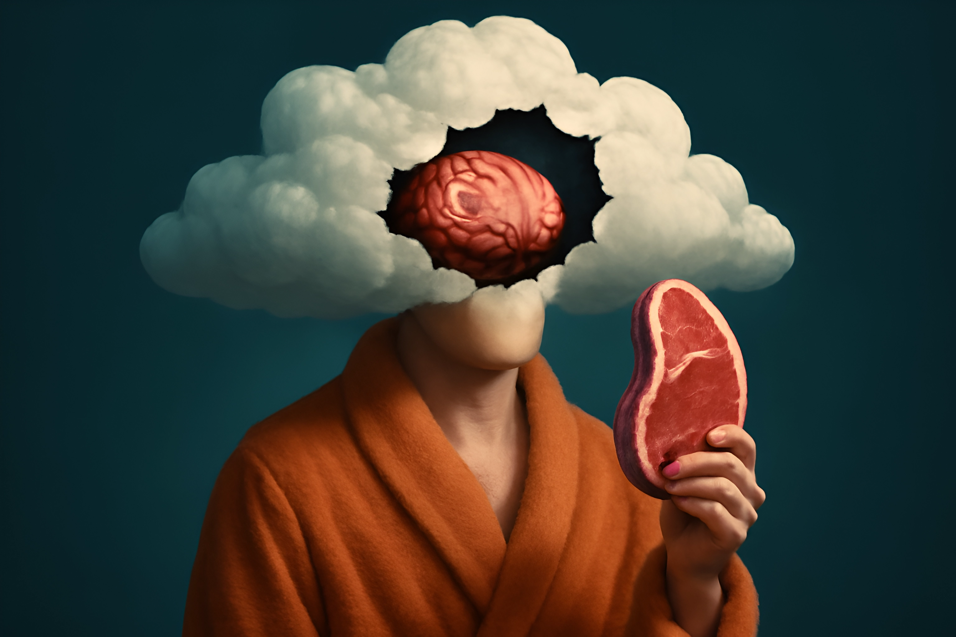 Imagem surreal de um cérebro acompanhado de peças de carne