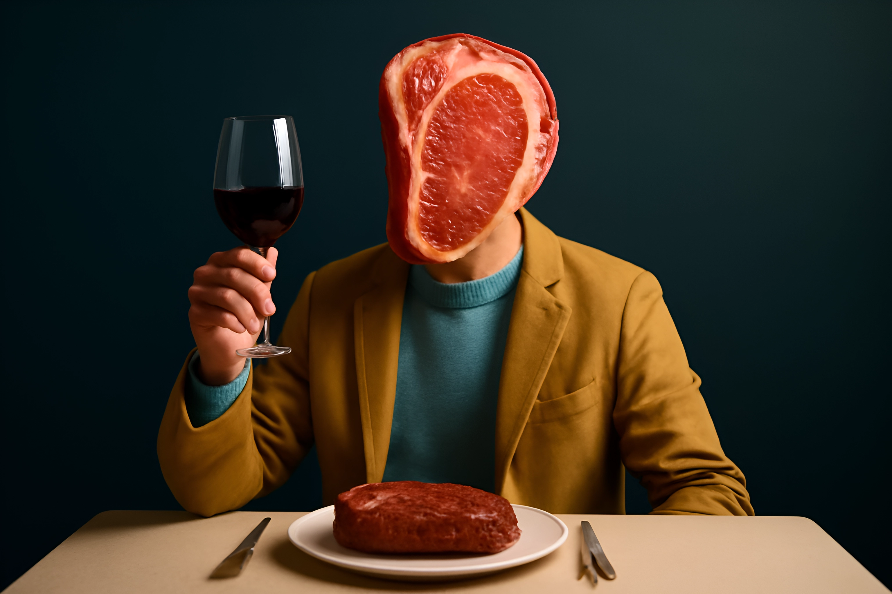Pessoa com cabeça de carne e uma taça de vinho