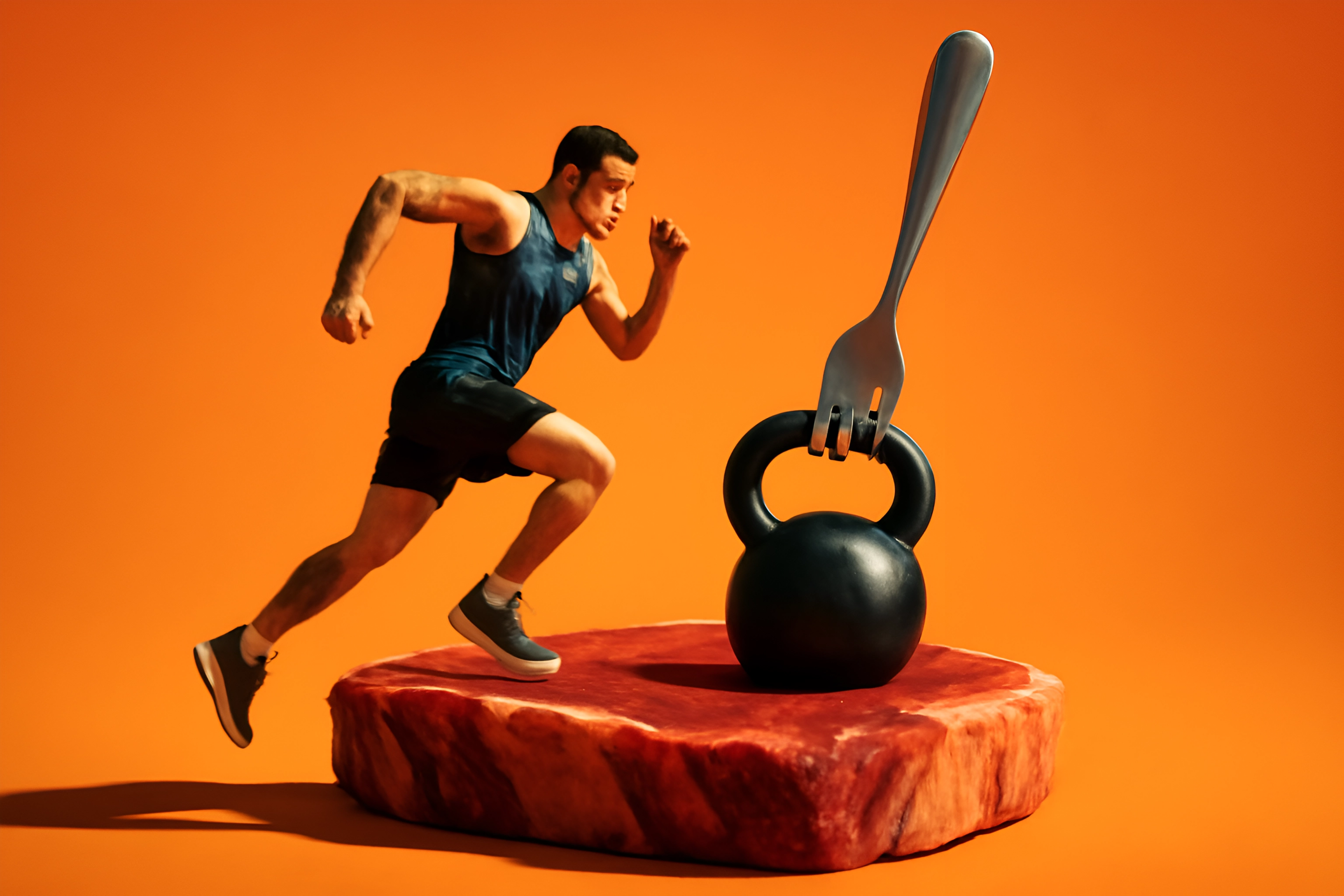 Homem correndo com kettlebell e bife.