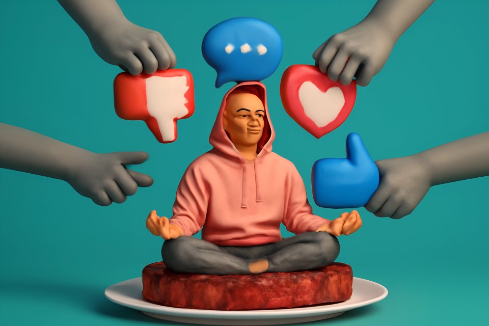 Figura meditando com ícones de redes sociais