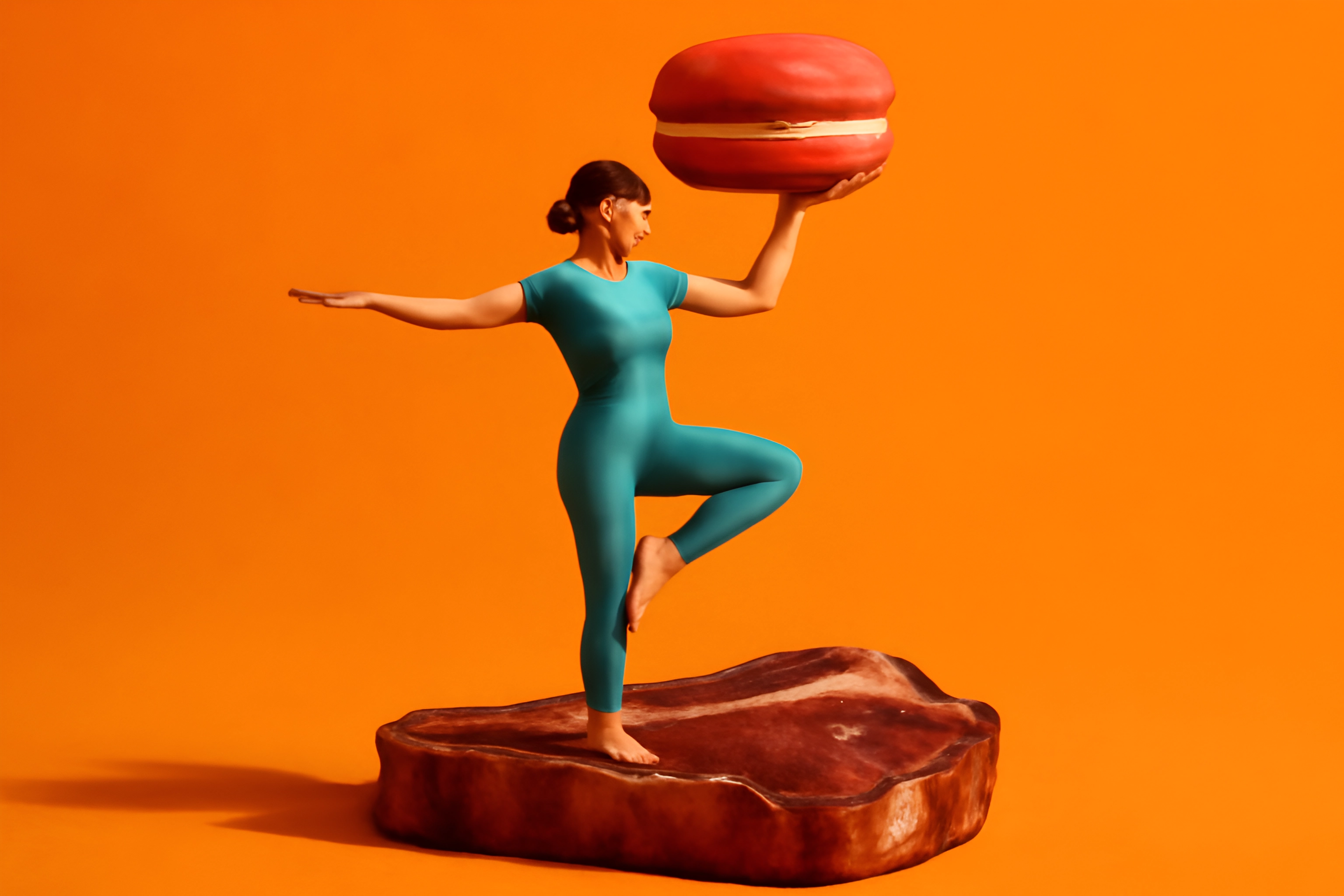 Woman balancing macaron on head