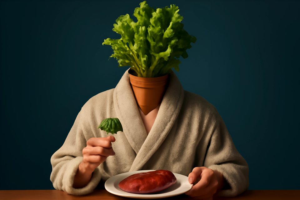 Person with lettuce head and meat.