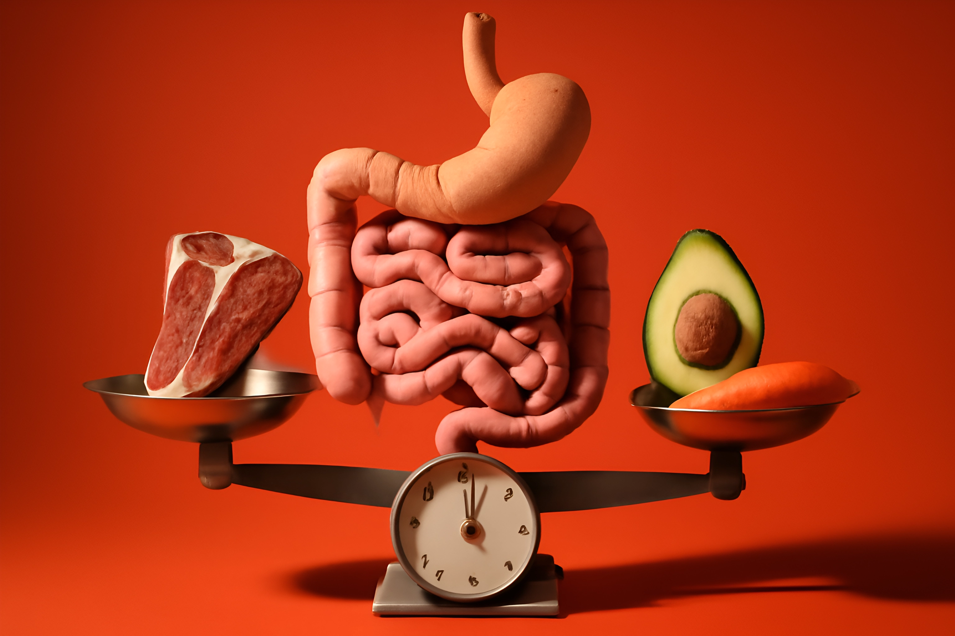 Balanza de alimentos junto a un modelo del sistema digestivo