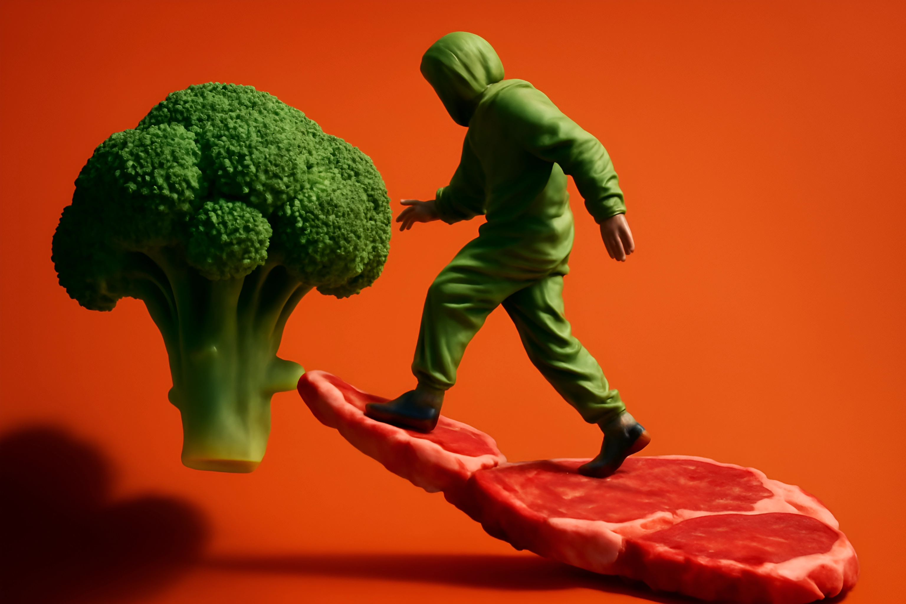 Figure balancing on meat and broccoli.