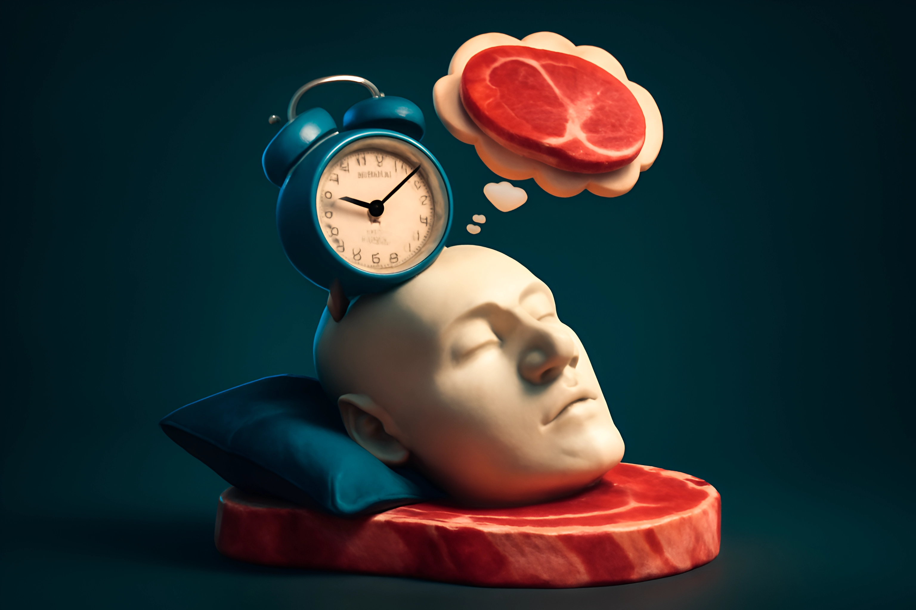 Cabeça com relógio e bife em sonho