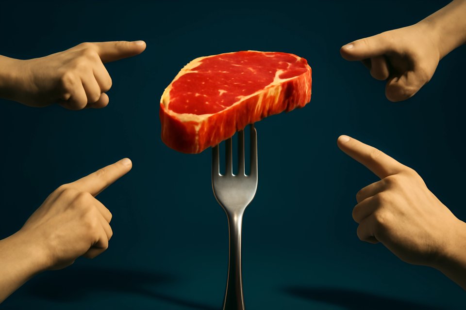 Steak balanced on fork
