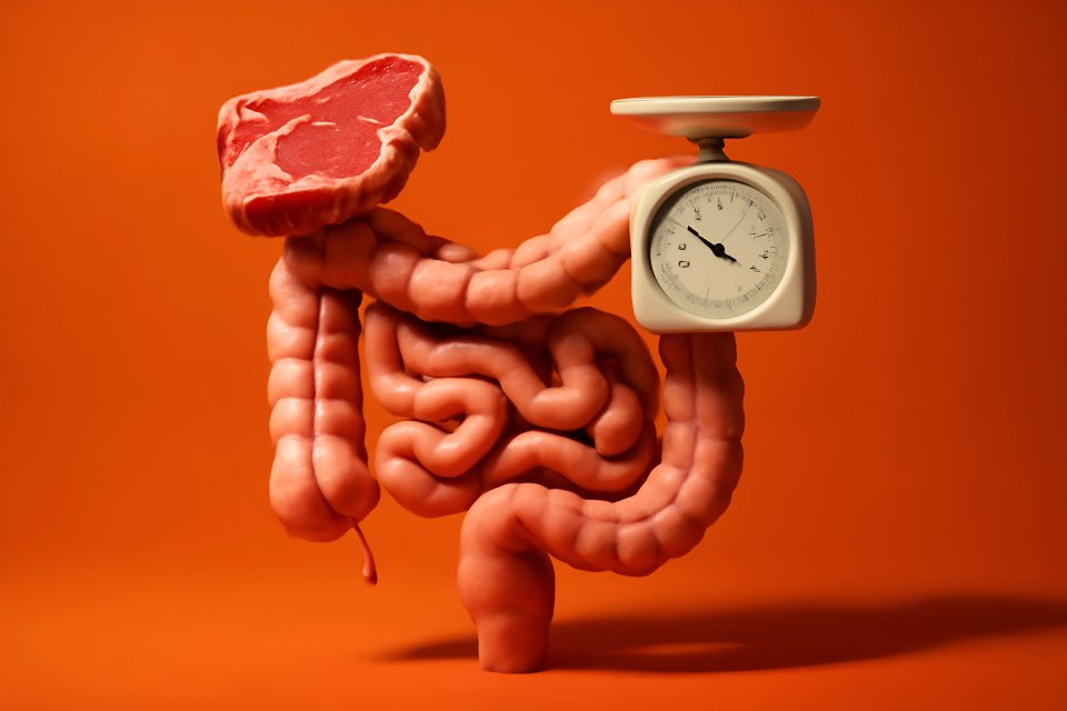 Intestines and meat on scale