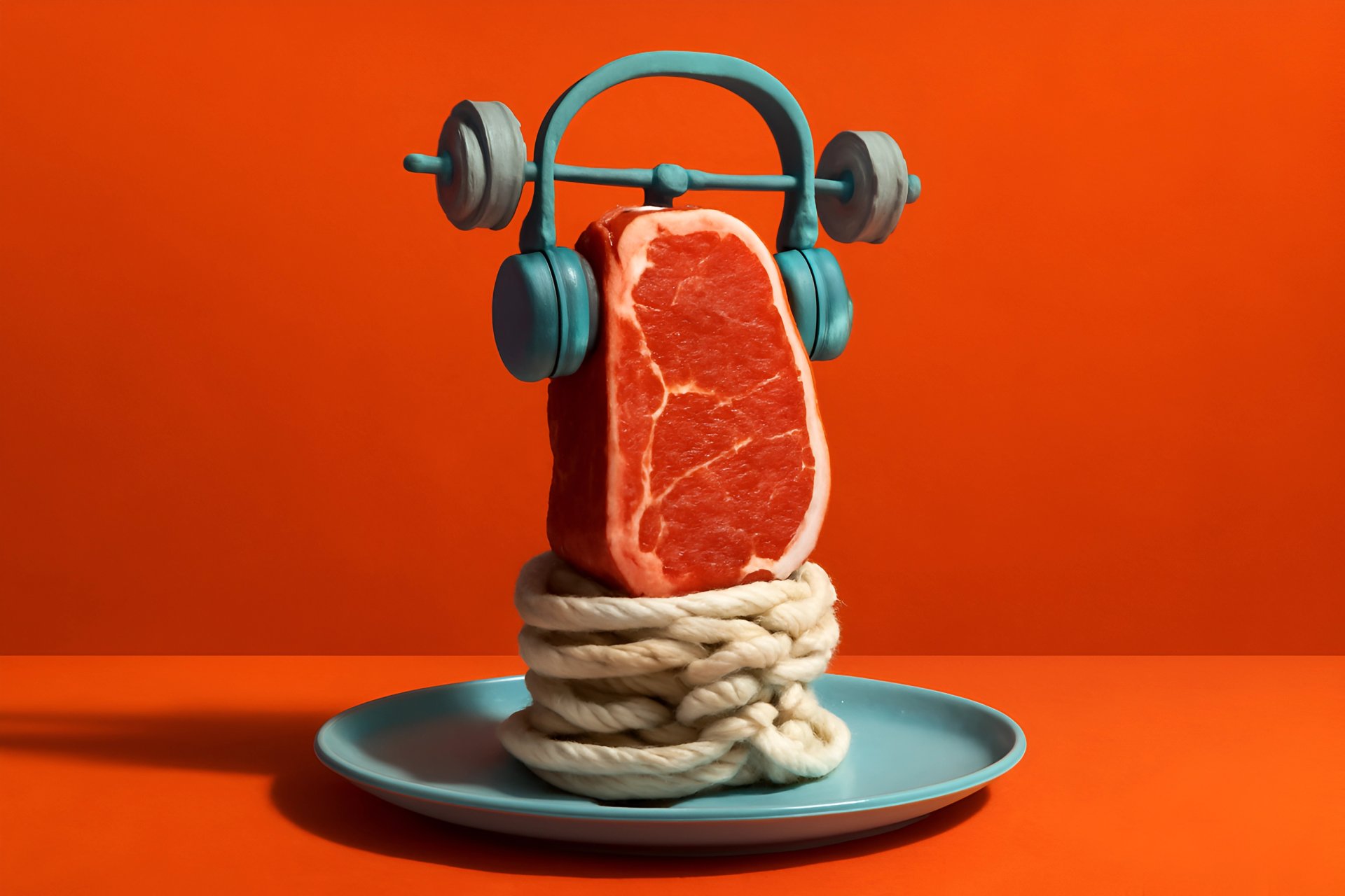 Steak with weights and headphones