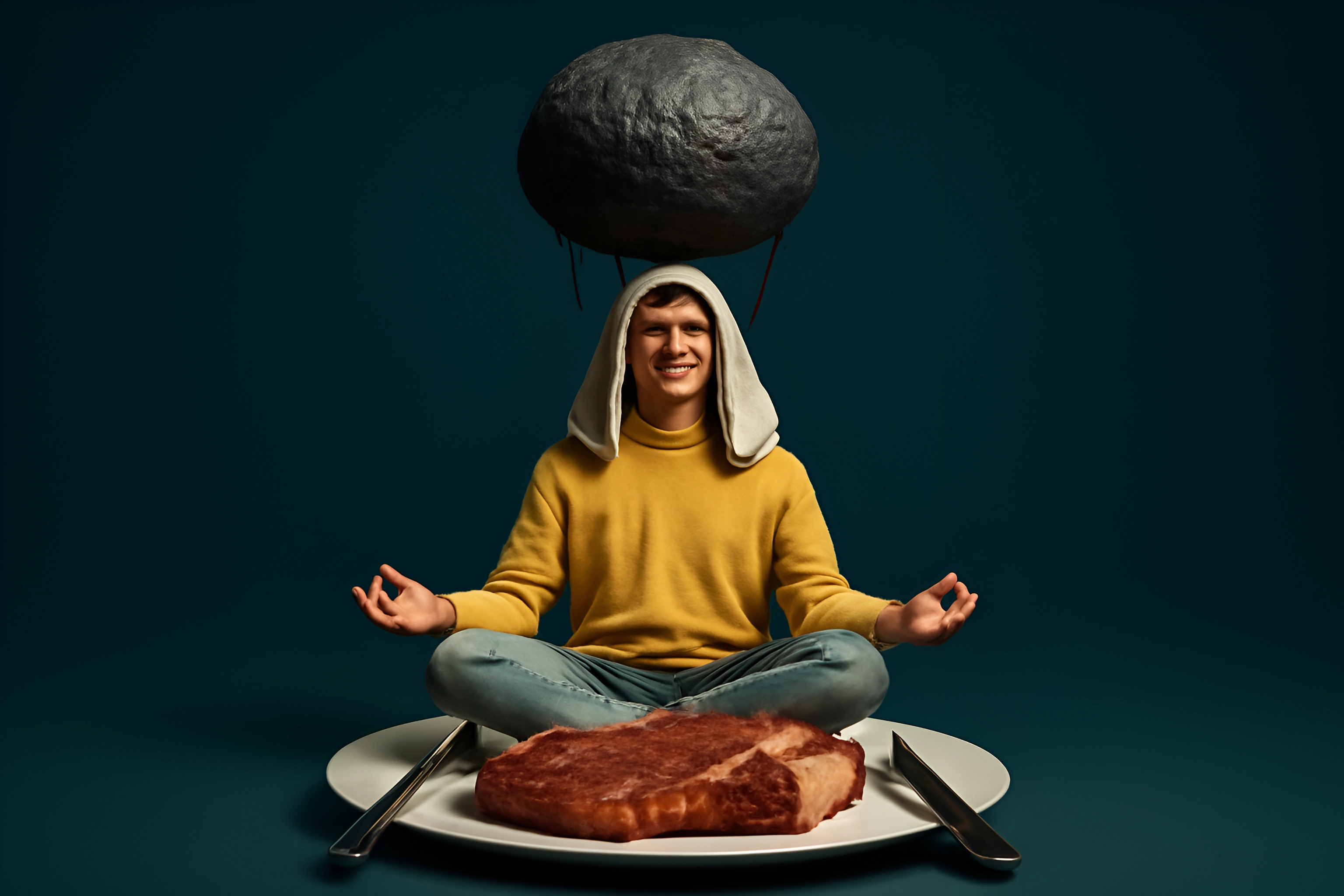 Person meditating with food on plate