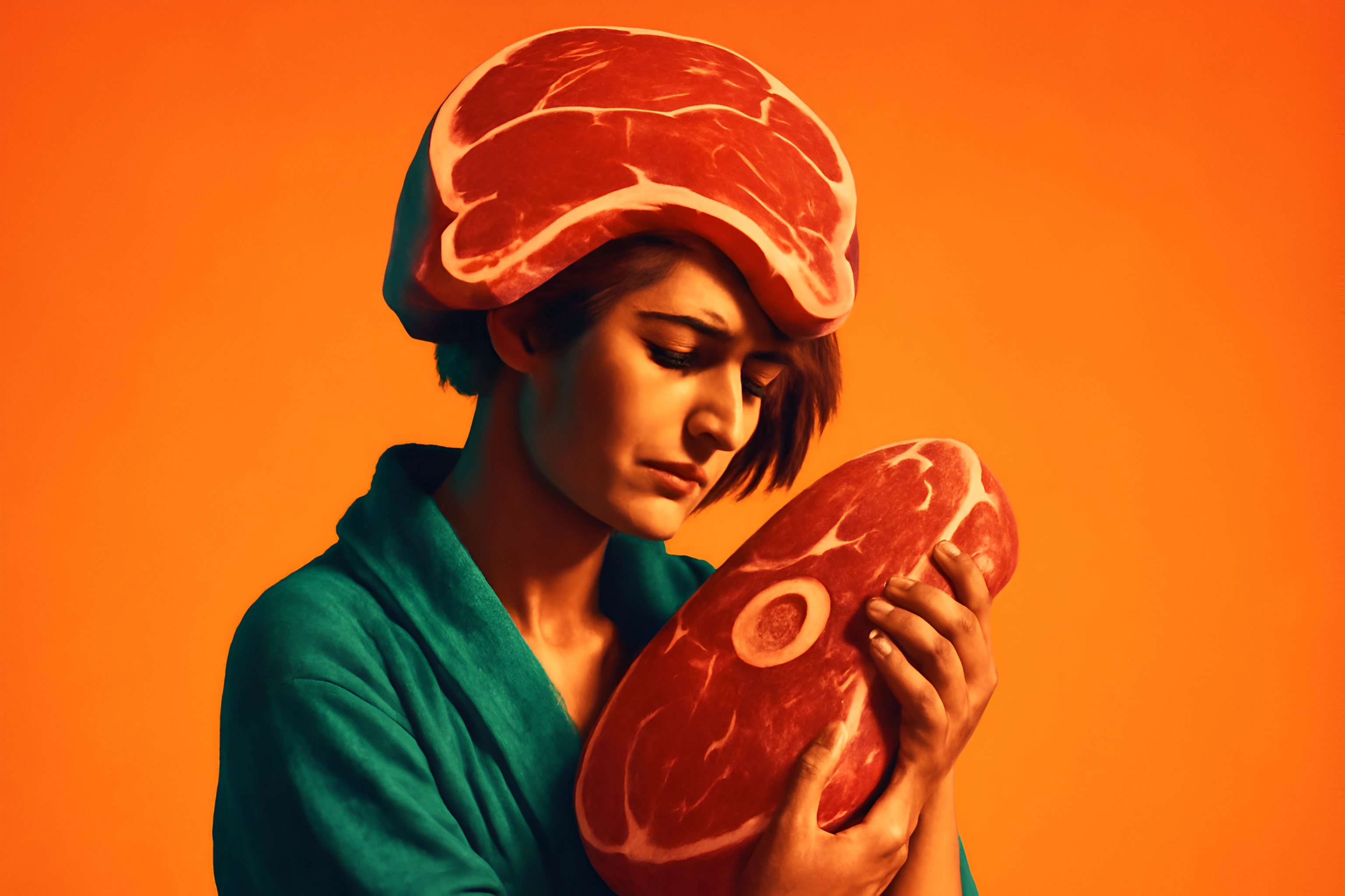 Mujer con sombrero de carne y filete
