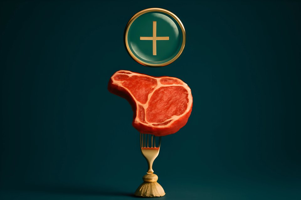 Steak on fork with plus sign