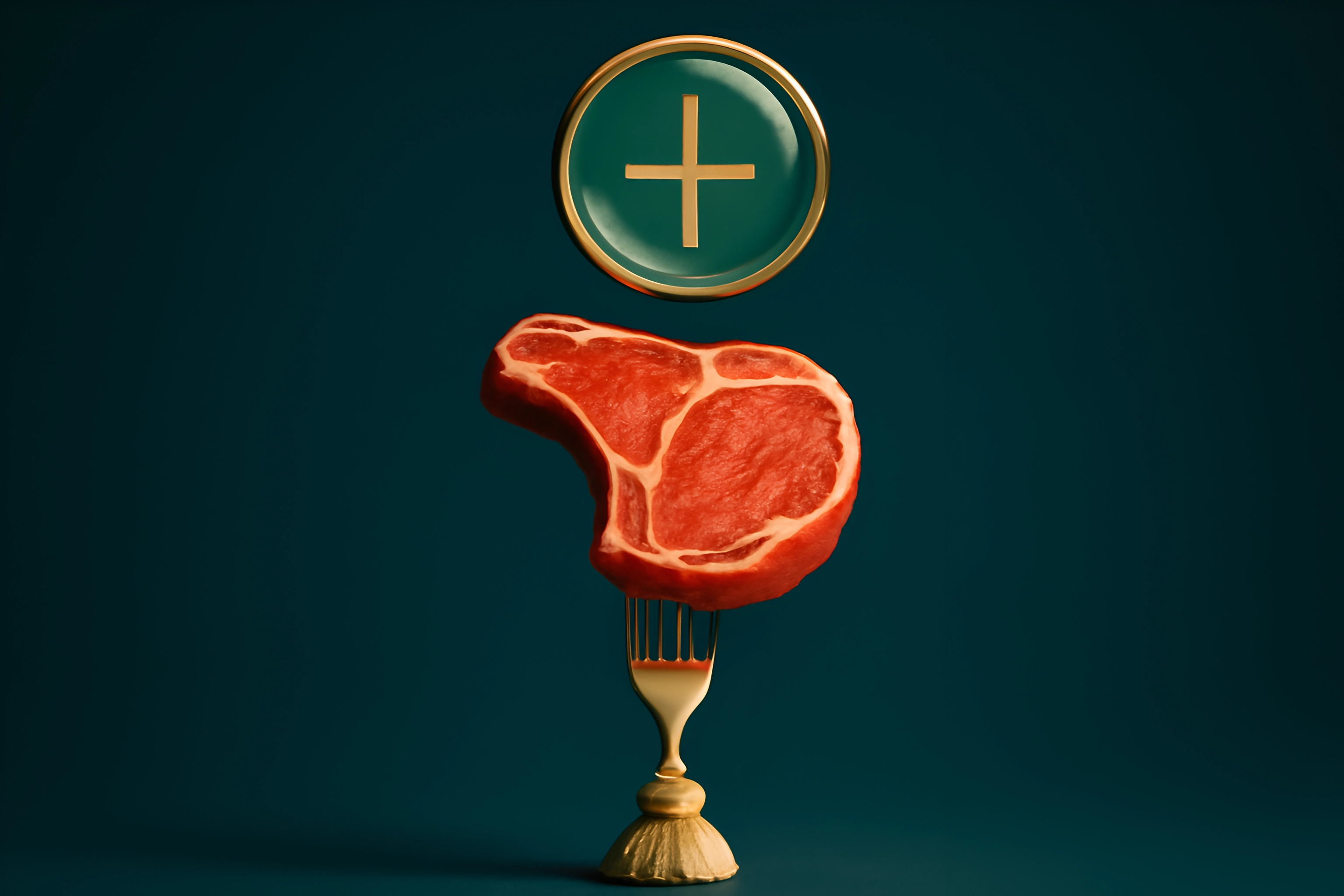 Steak on fork with plus sign
