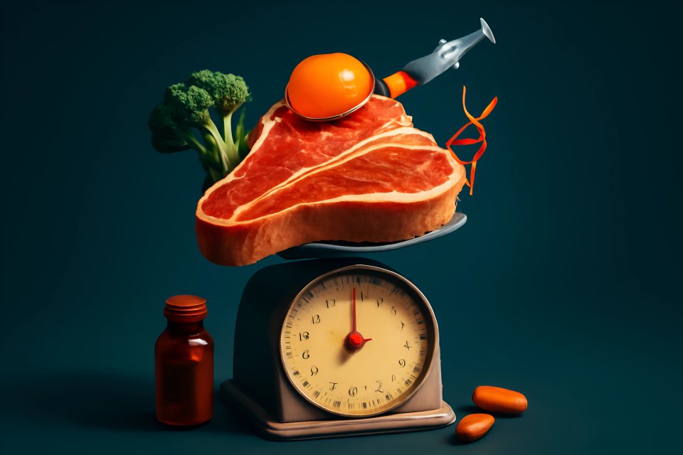 Carne e verdure disposte su una bilancia