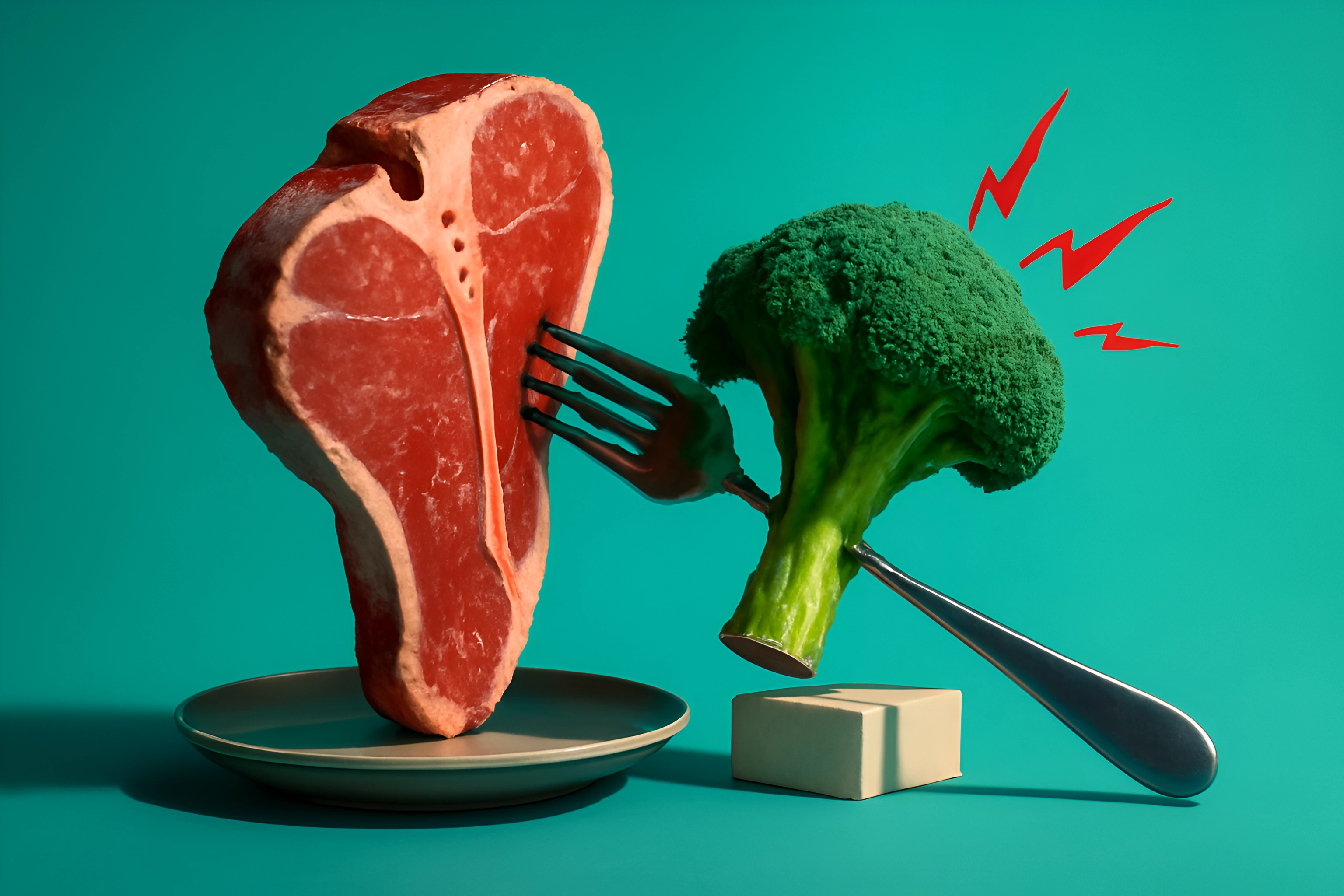 Arte culinária com bife e brócolis