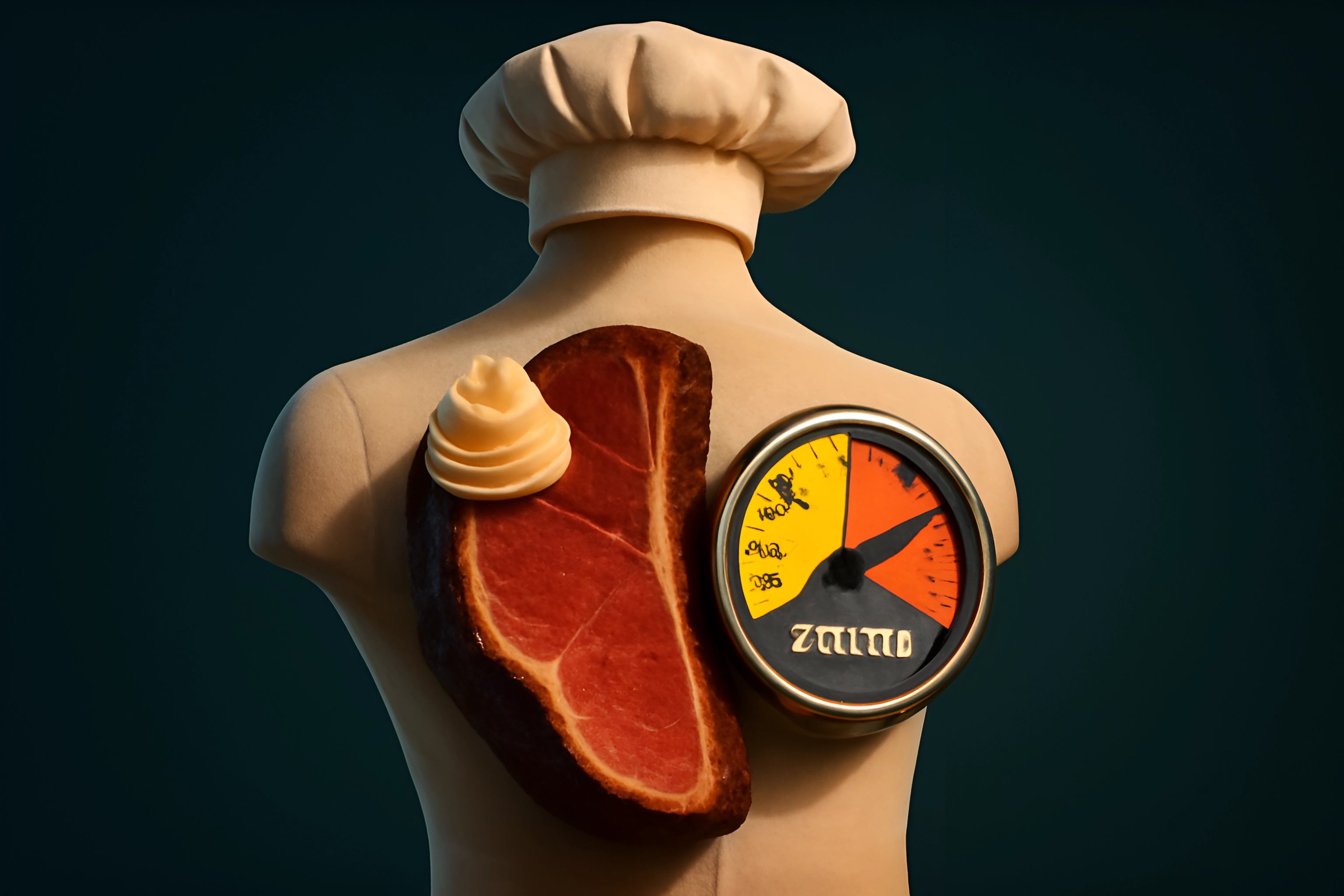 Manequim de chef com bife e medidor