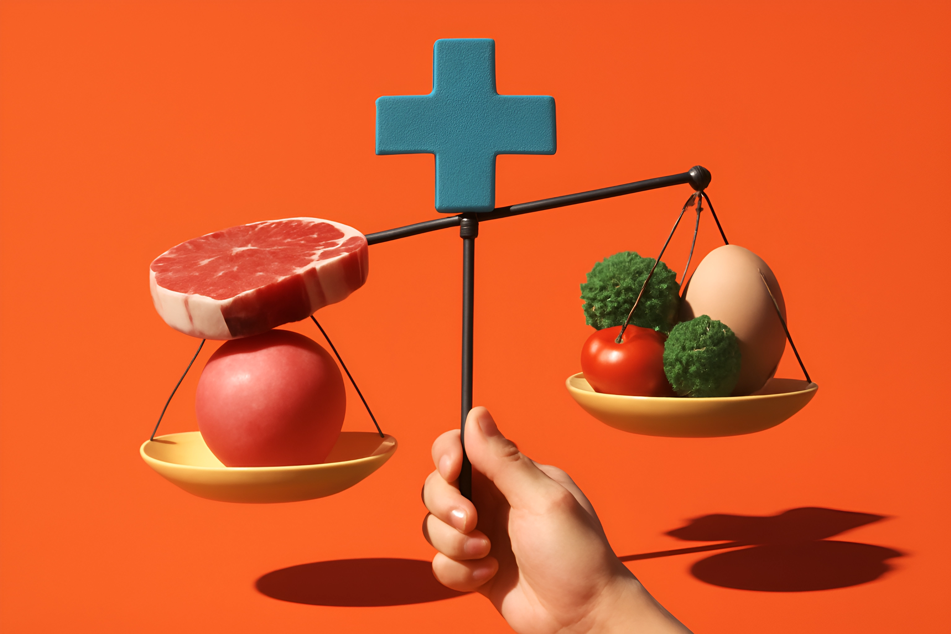Balança nutricional com carne e vegetais