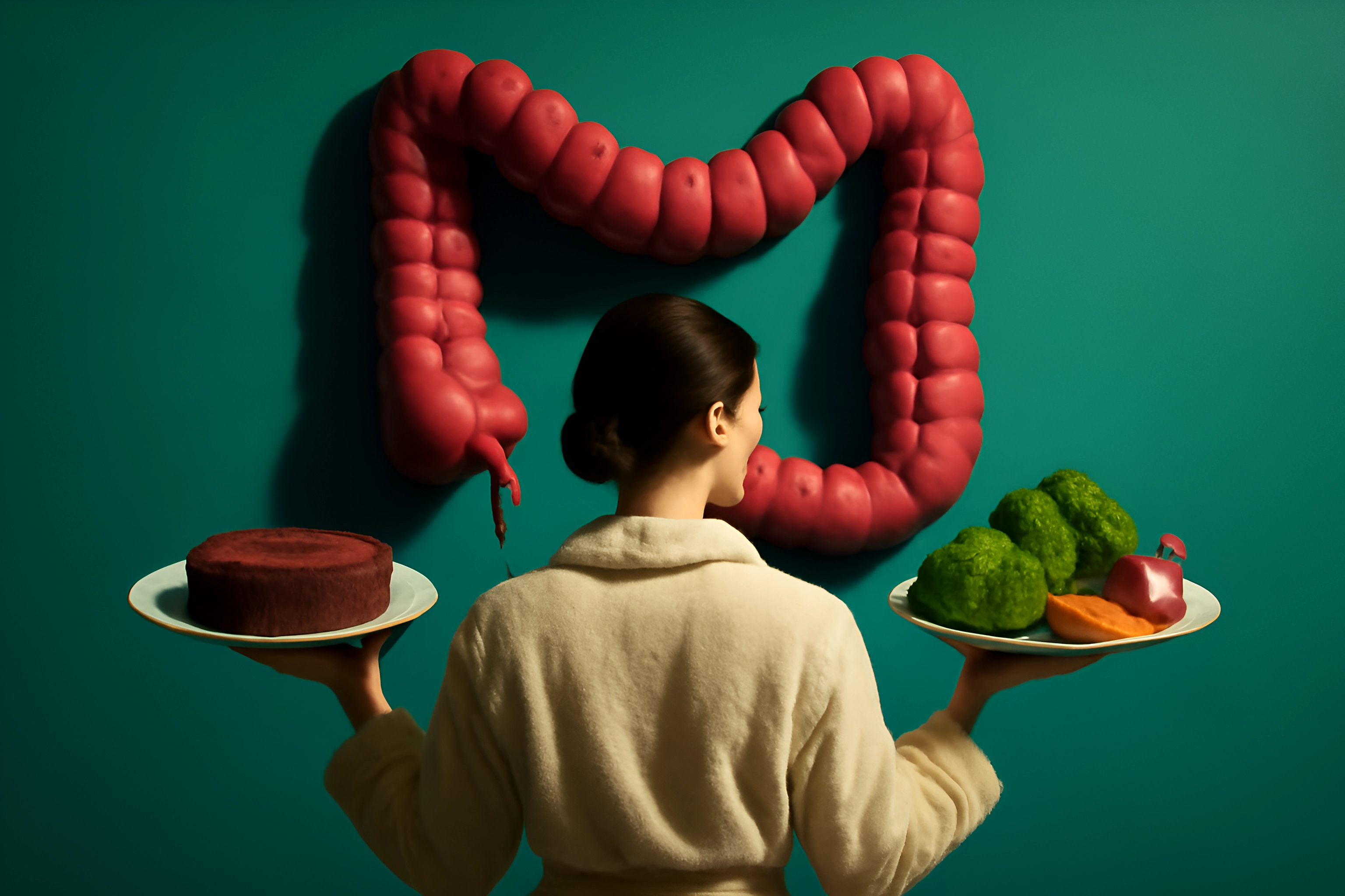 Kvinne med kake og grønnsaker