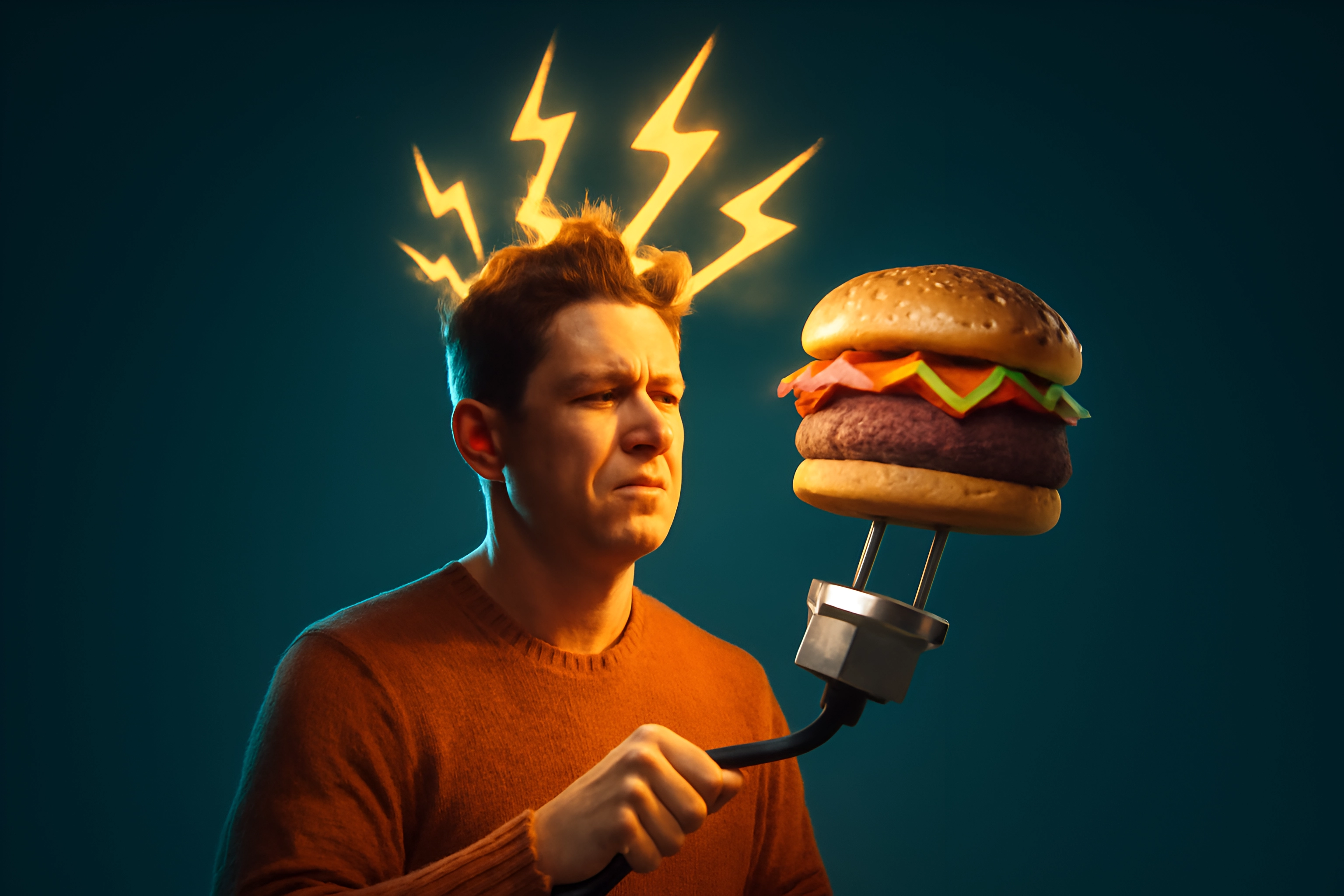 Uomo frustrato che tiene in mano un gigantesco hamburger